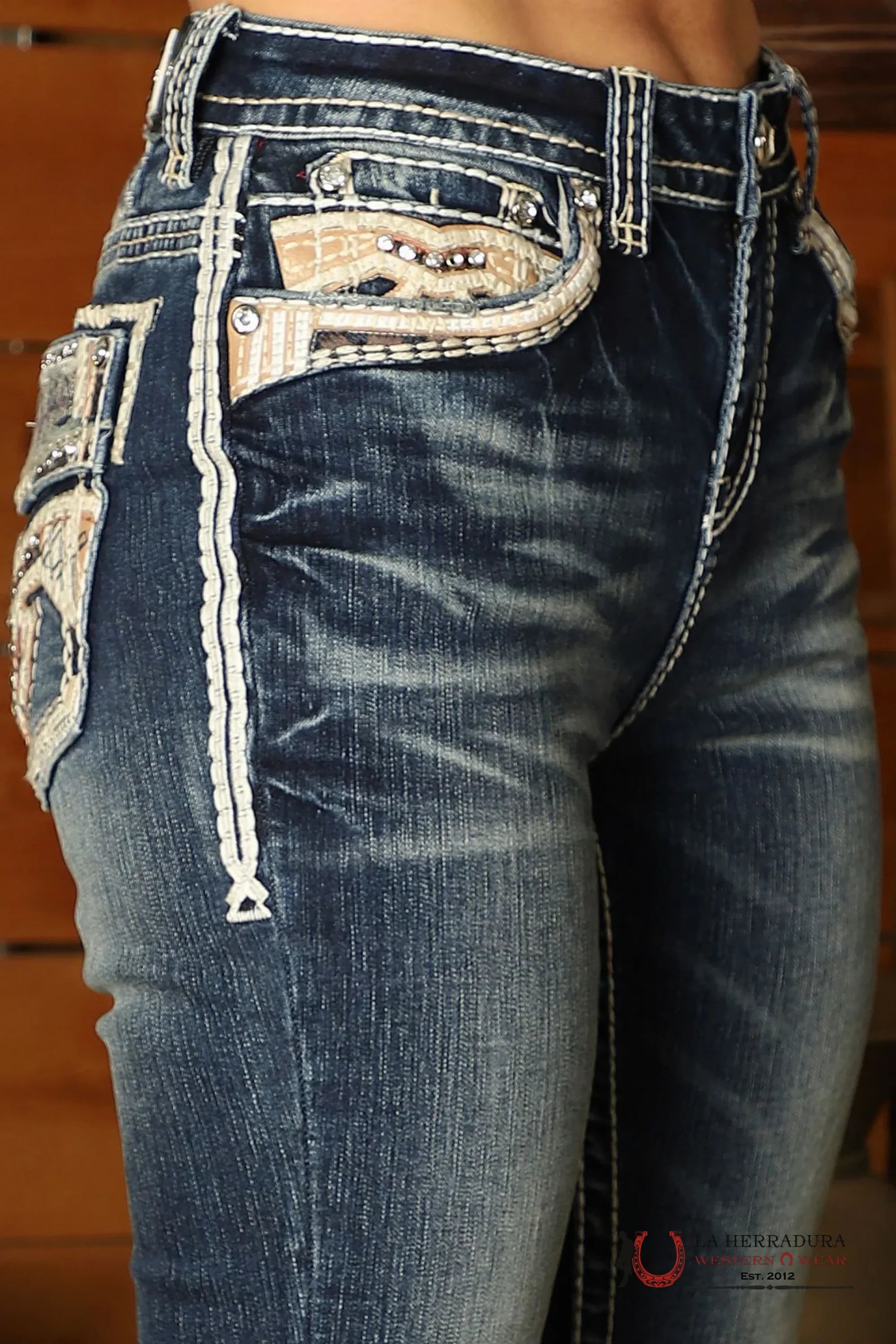 NATALIA ROCK IN LA JEANS BOOT CUT DARK WASH PEACH & TAN STITCHING EMBROIDERY RHINESTONES Ra-9320-PB ROPA MUJERES