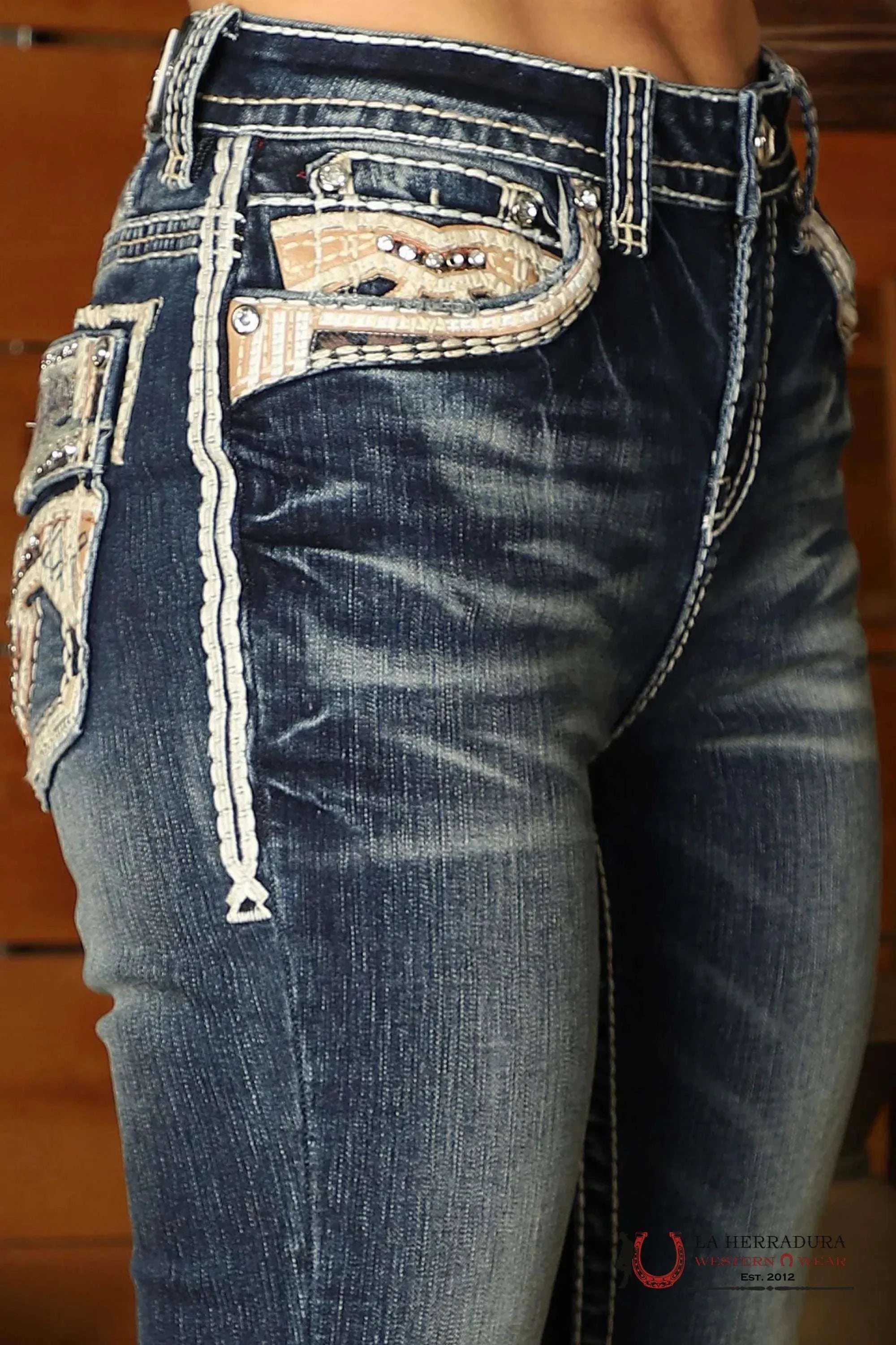 NATALIA ROCK IN LA JEANS BOOT CUT DARK WASH PEACH & TAN STITCHING EMBROIDERY RHINESTONES Ra-9320-PB ROPA MUJERES