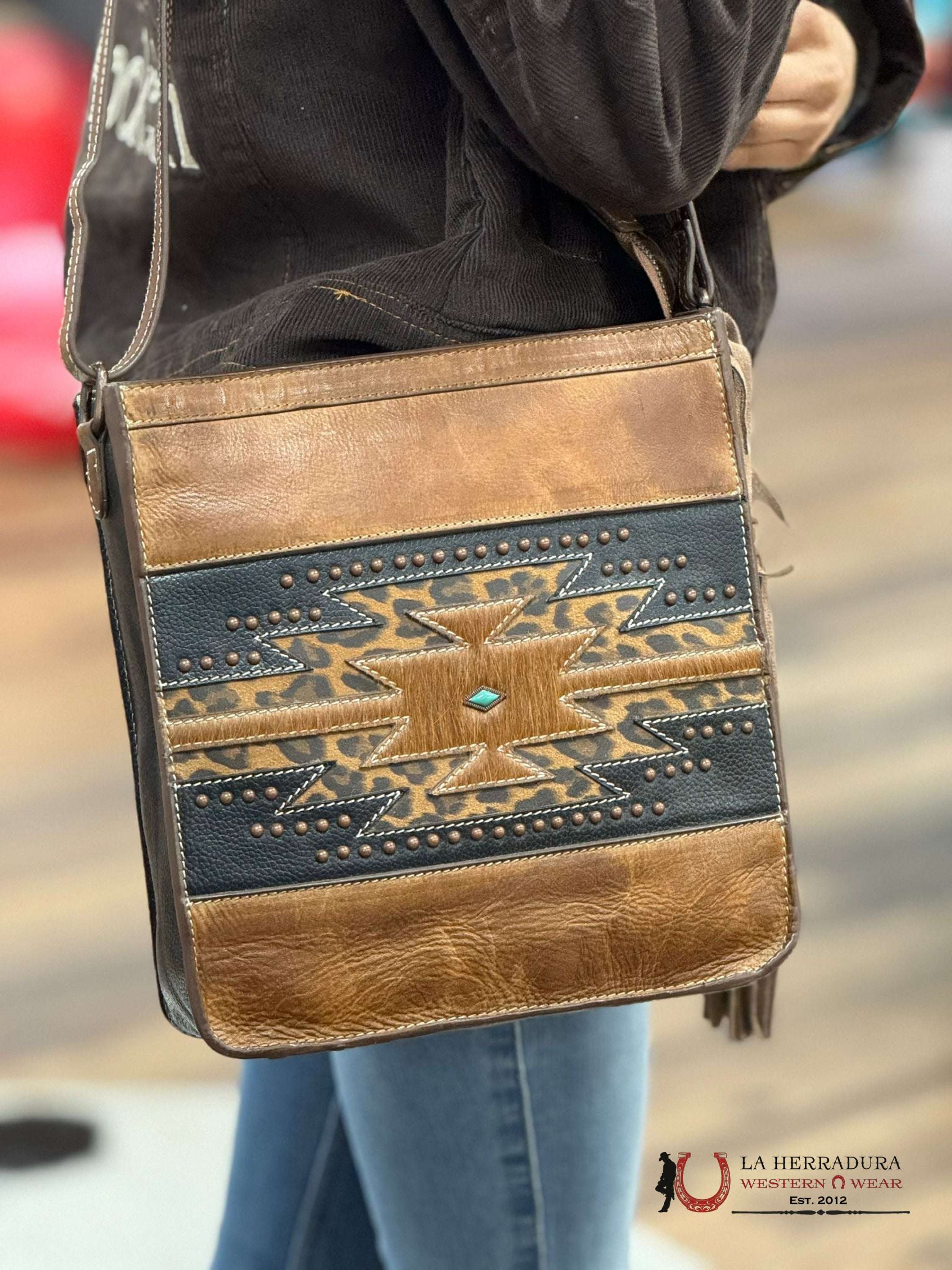 Nocona Belt Co. Leather Brown Turquoise Diamond Cowhide Cross Body Bag