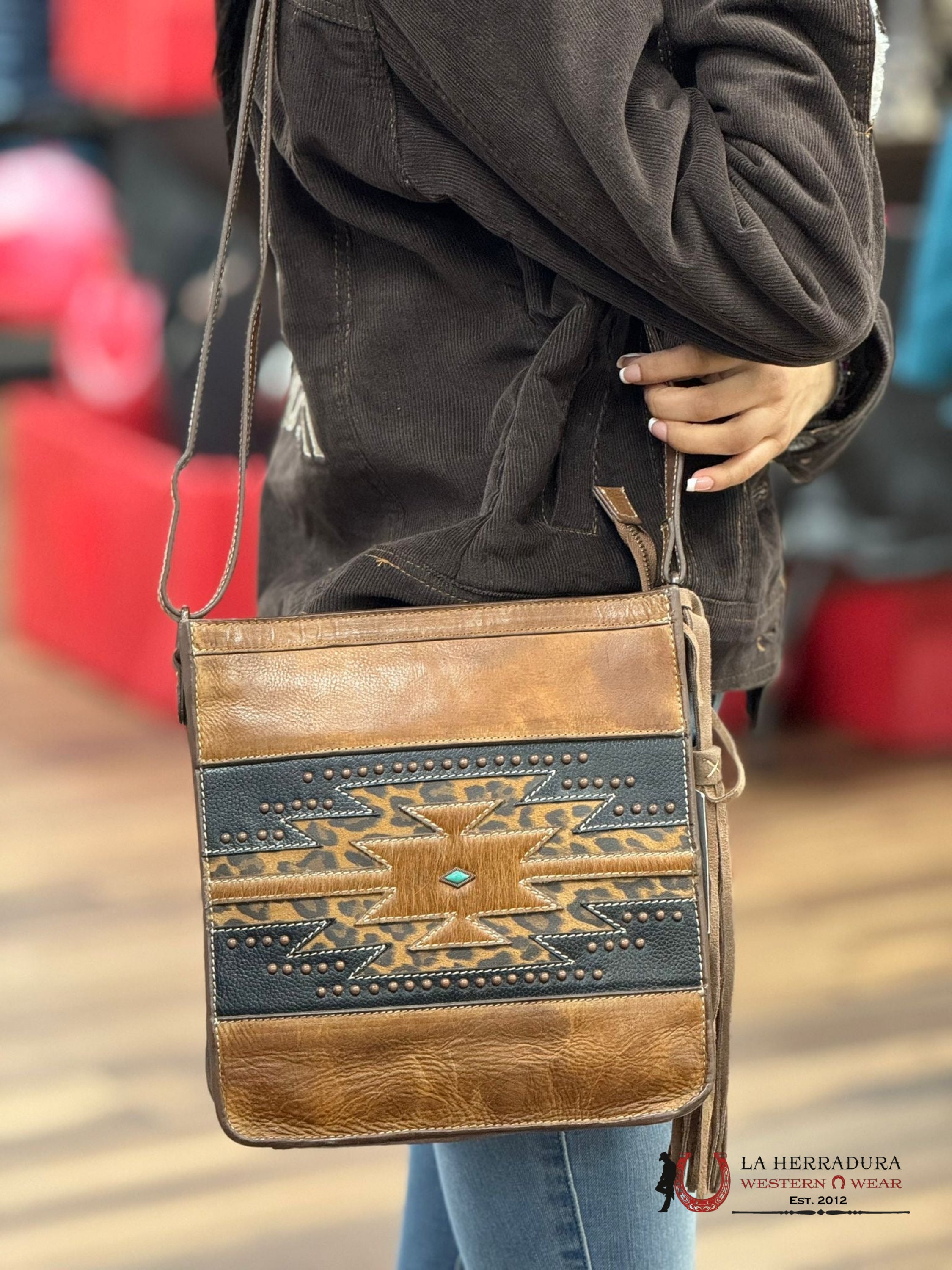 Nocona Belt Co. Leather Brown Turquoise Diamond Cowhide Cross Body Bag