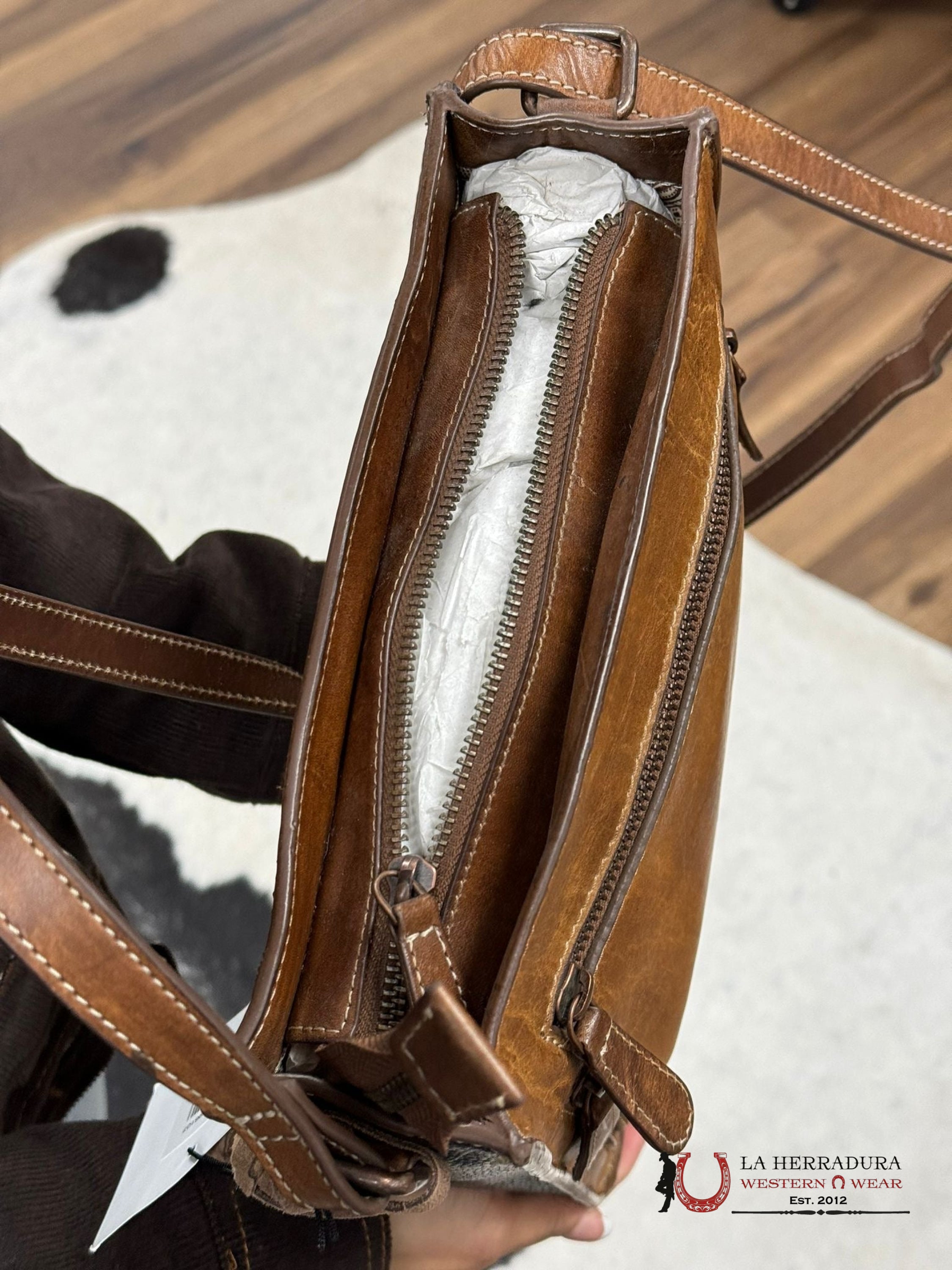 Nocona Belt Co. Leather Brown Turquoise Diamond Cowhide Cross Body Bag