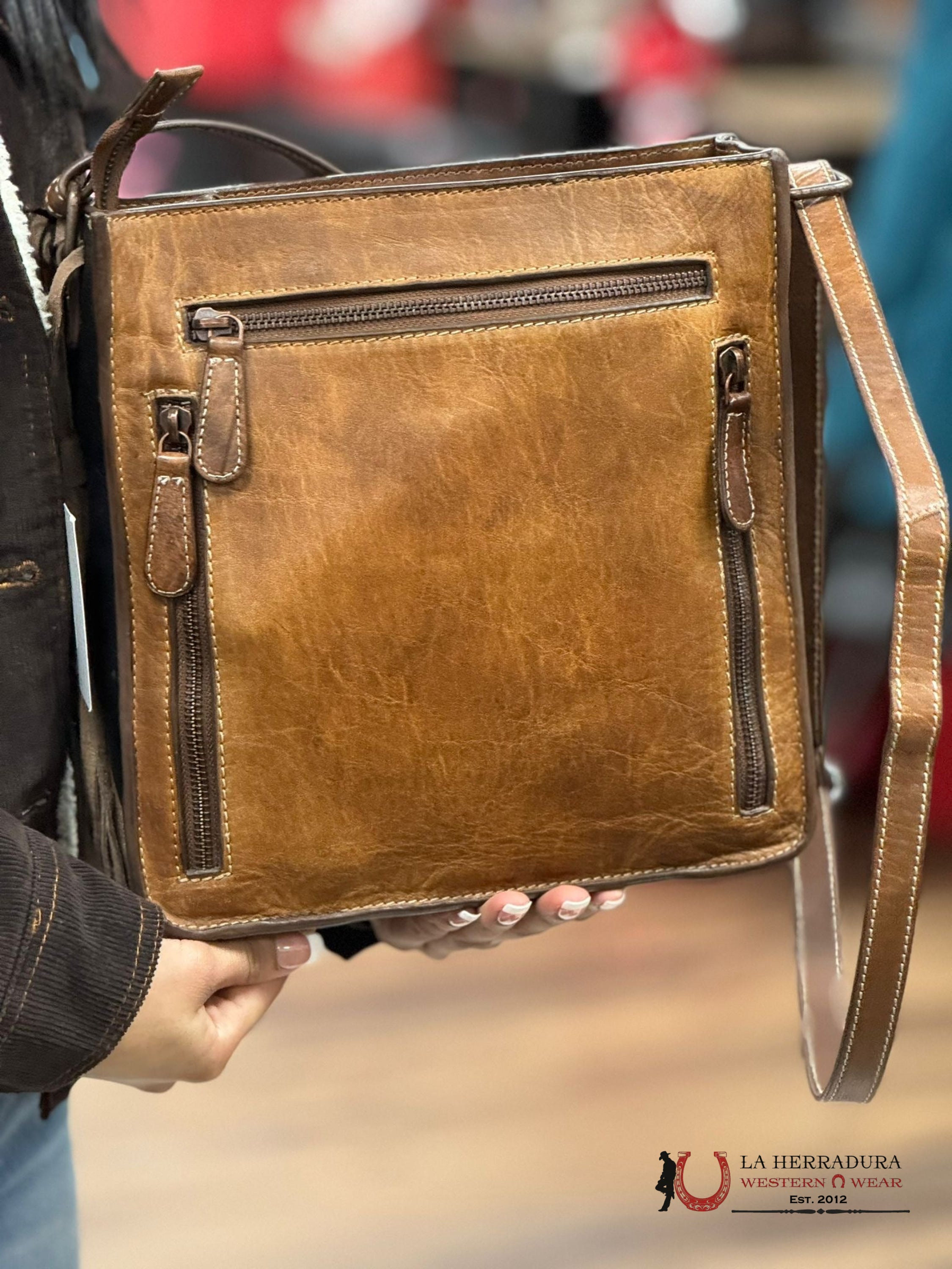 Nocona Belt Co. Leather Brown Turquoise Diamond Cowhide Cross Body Bag