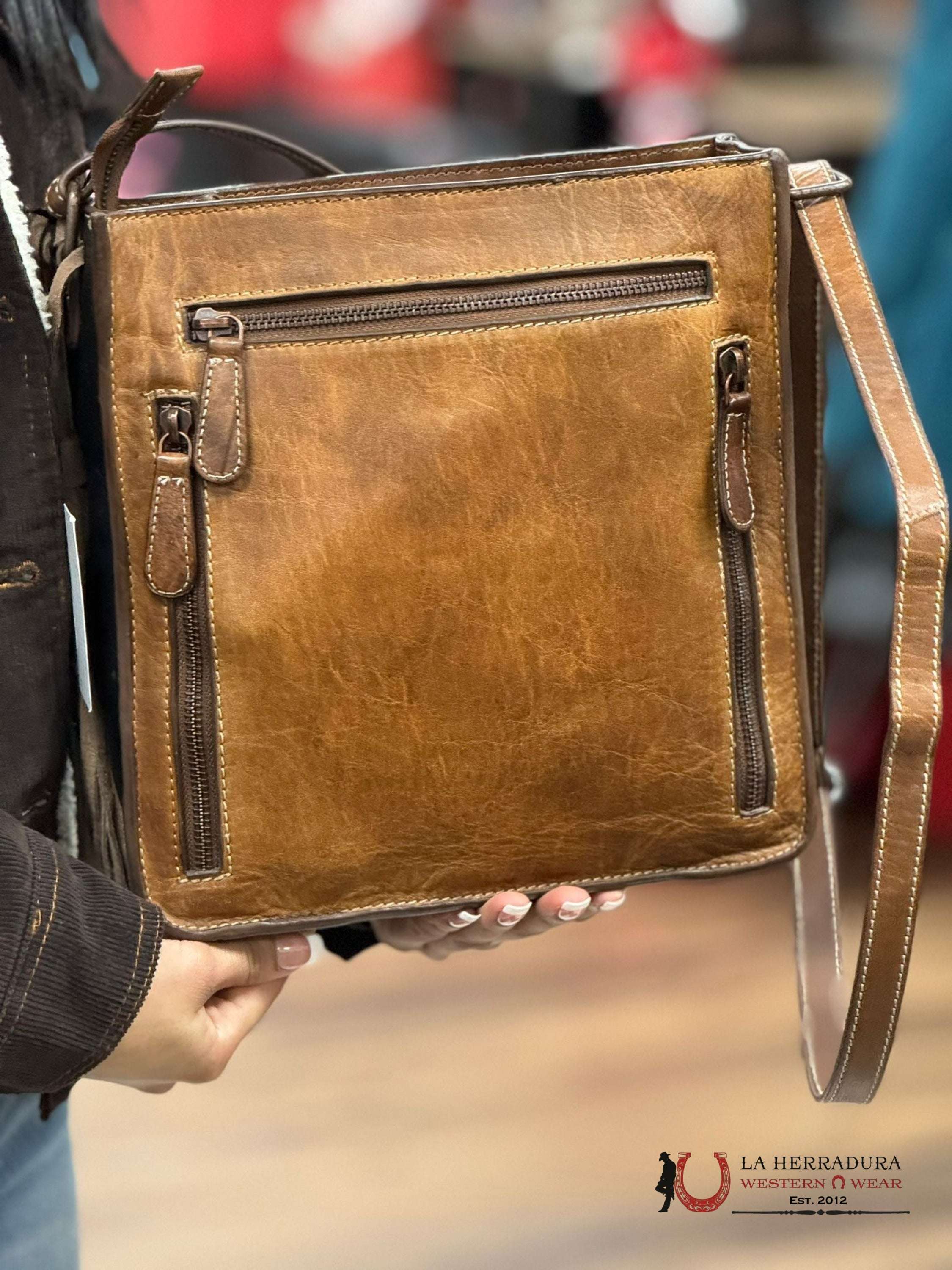 Nocona Belt Co. Leather Brown Turquoise Diamond Cowhide Cross Body Bag