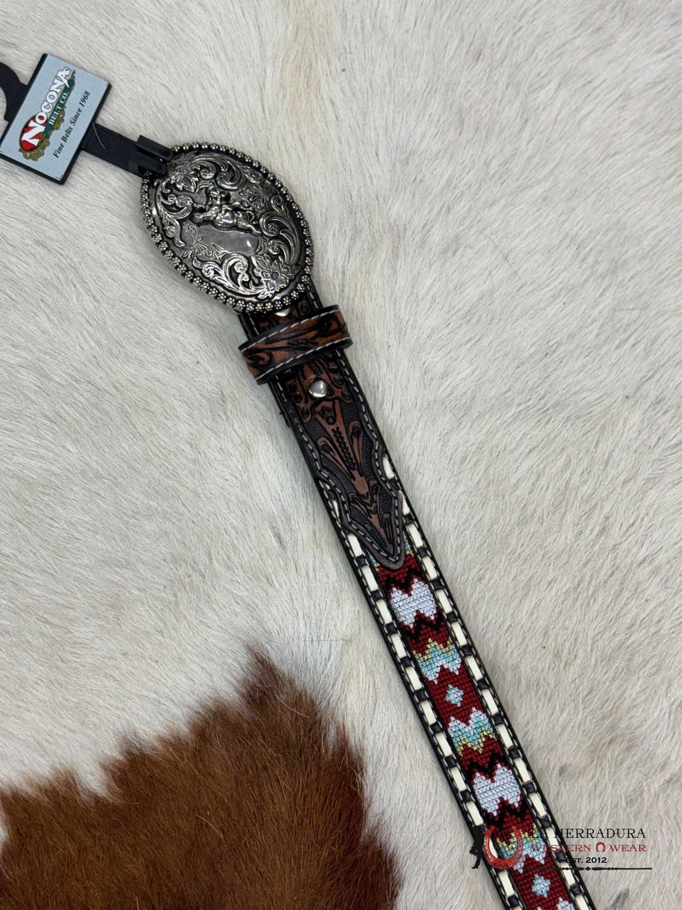 Nocona Bot Belt Tooled Brown Red Multi Niños