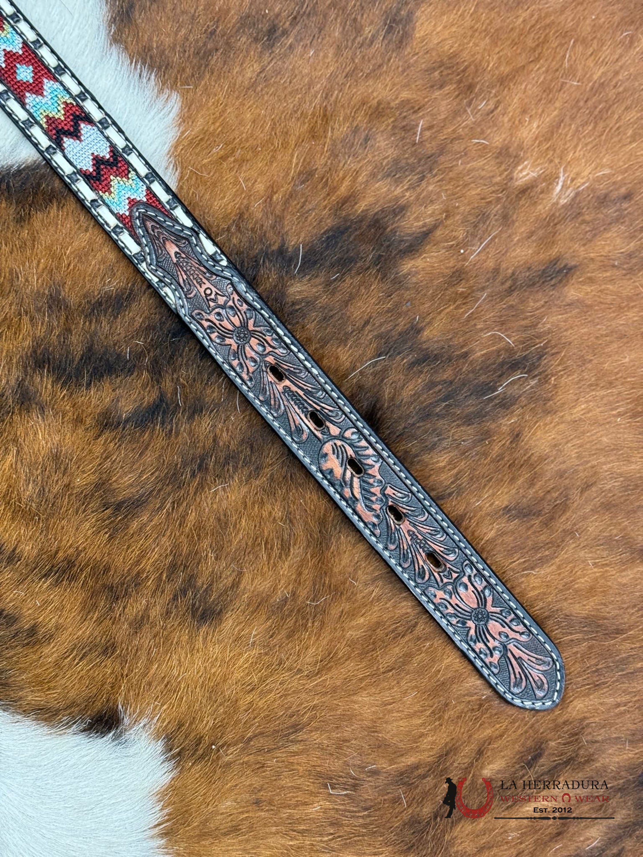 Nocona Bot Belt Tooled Brown Red Multi Niños