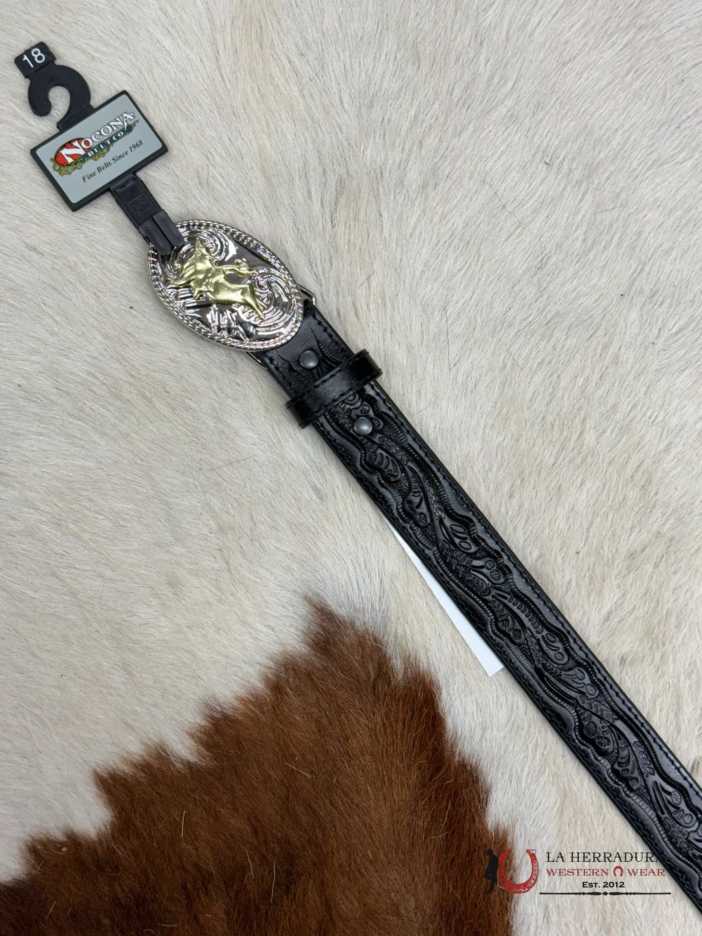 Nocona Boy Belt Black Hand Tooled Round Buckle Niños