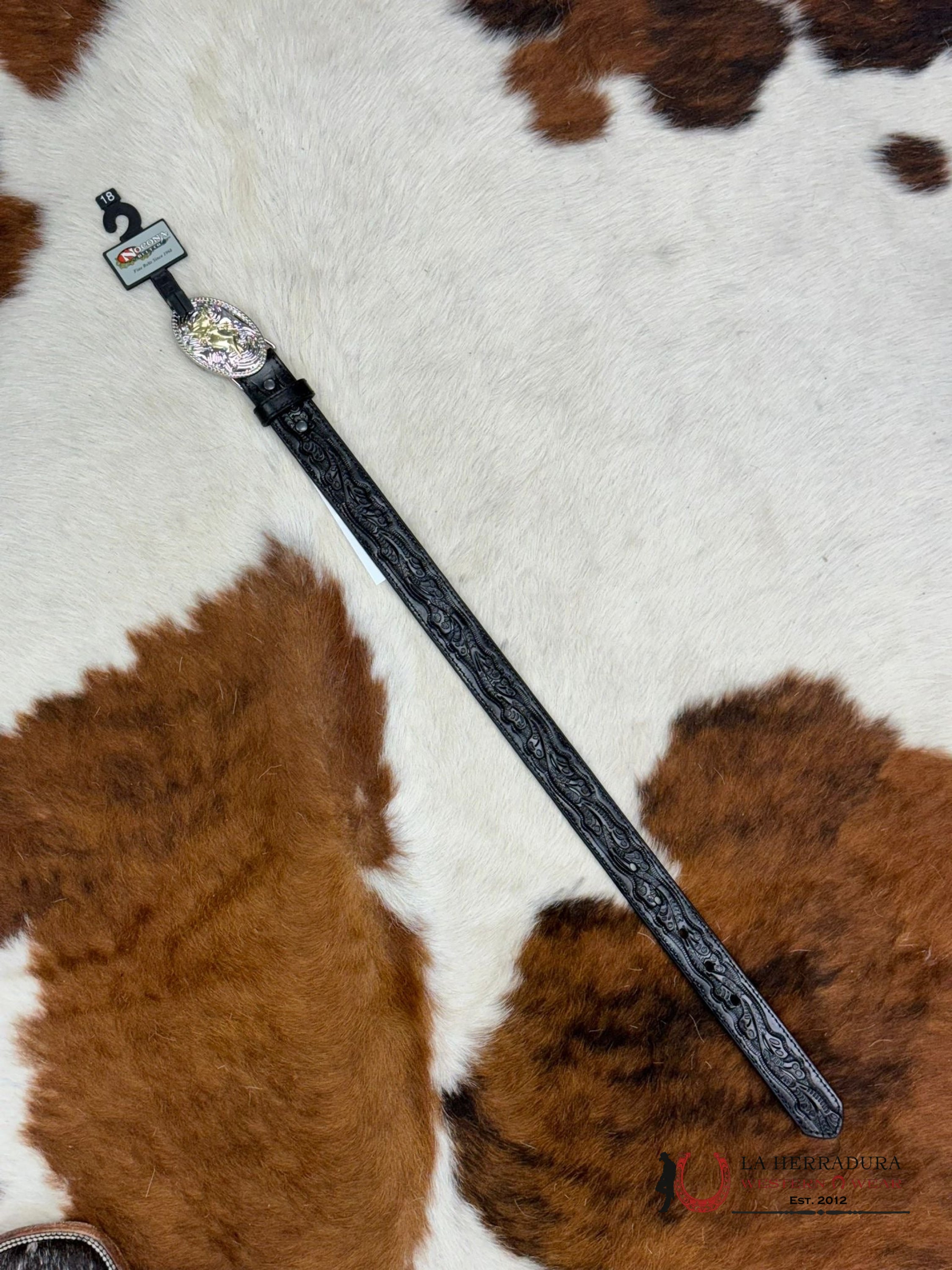 Nocona Boy Belt Black Hand Tooled Round Buckle Niños