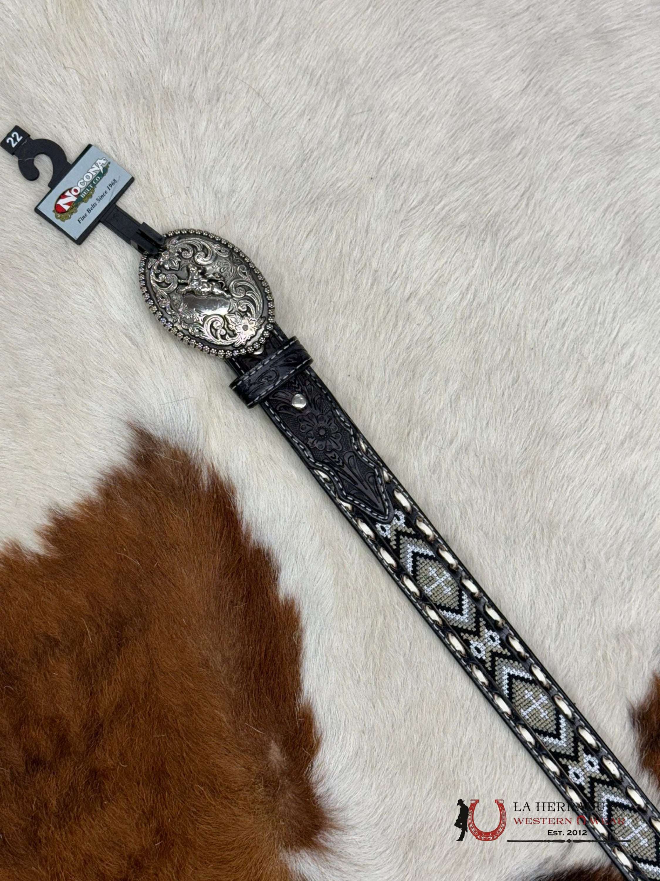 Nocona White & Black Aztec Stitched Round Buckle Niños