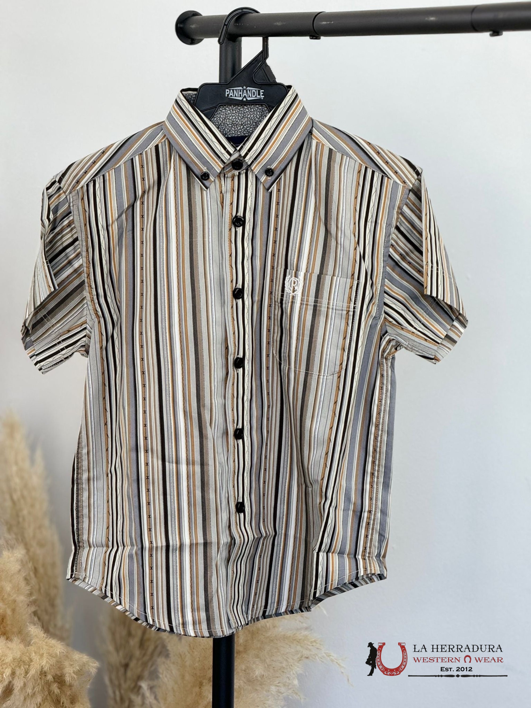 Pandhandle Boys Grey Stripe Short Sleeve Shirt Niños