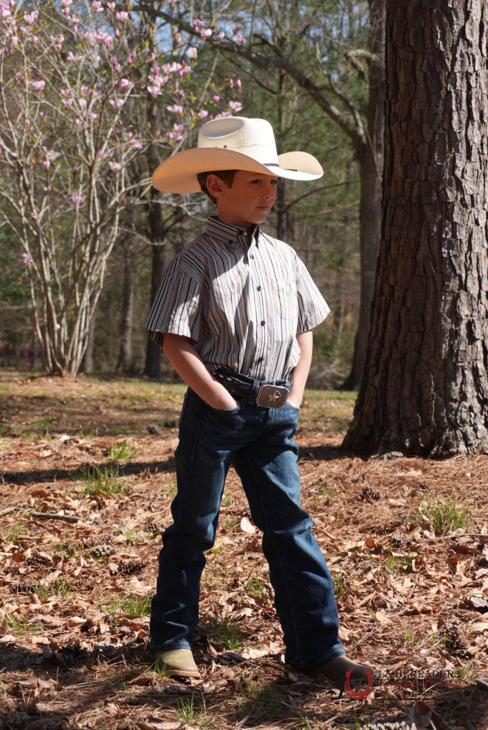 PANDHANDLE BOYS GREY STRIPE SHORT SLEEVE SHIRT NIÑOS