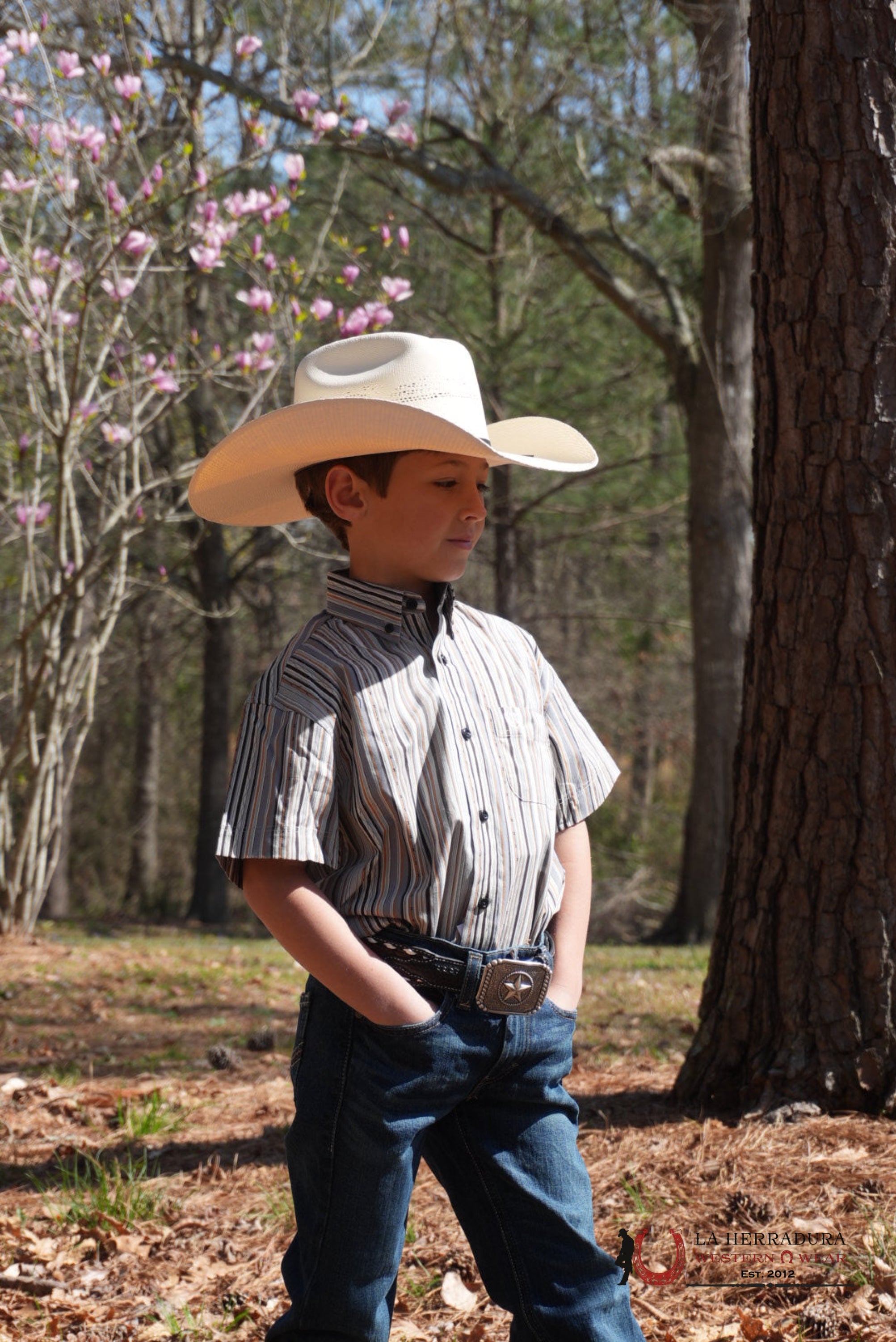 PANDHANDLE BOYS GREY STRIPE SHORT SLEEVE SHIRT NIÑOS
