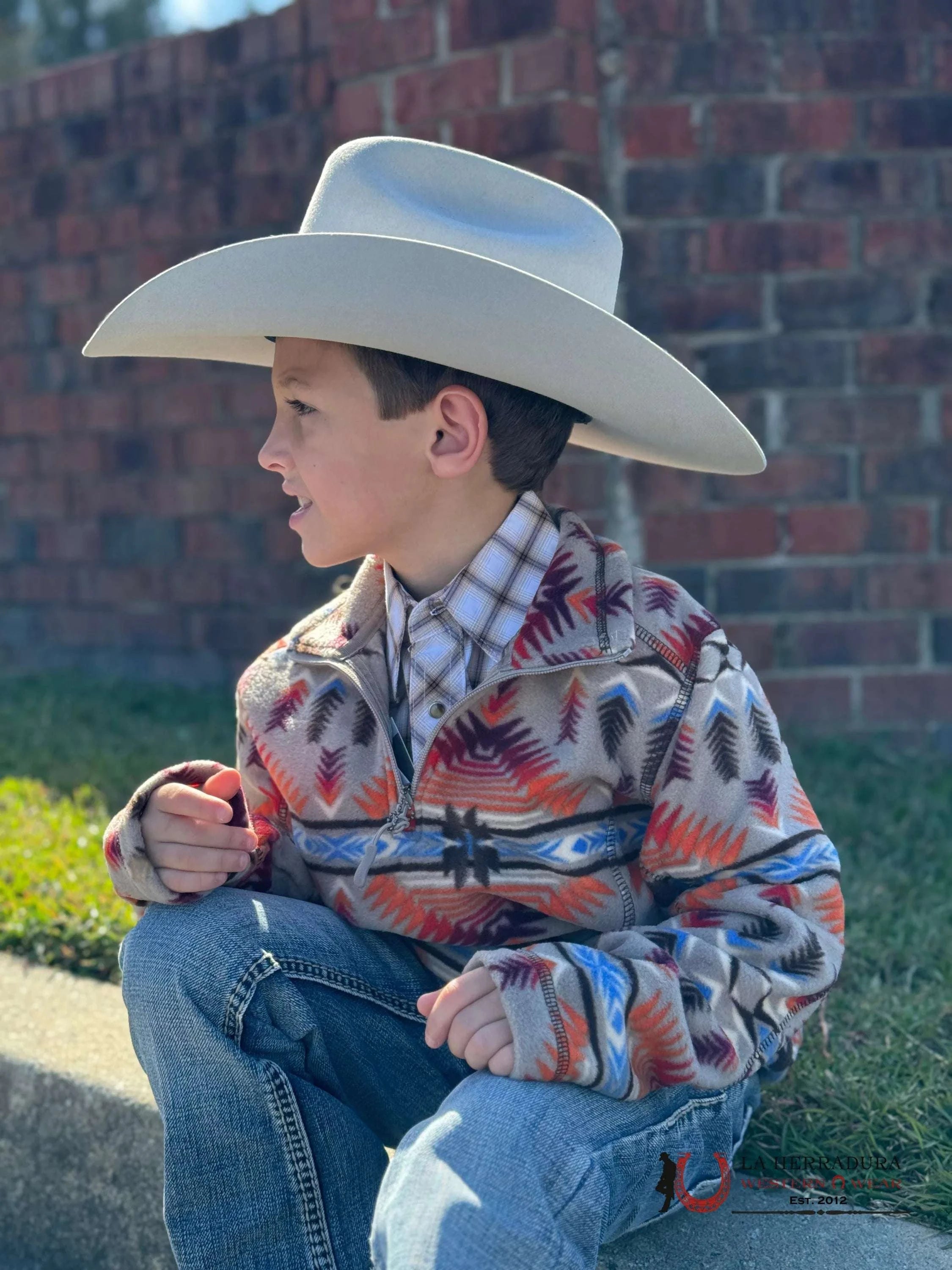 Panhandle Aztec Printed Fleece Pullover Tan Kids Youth Niños
