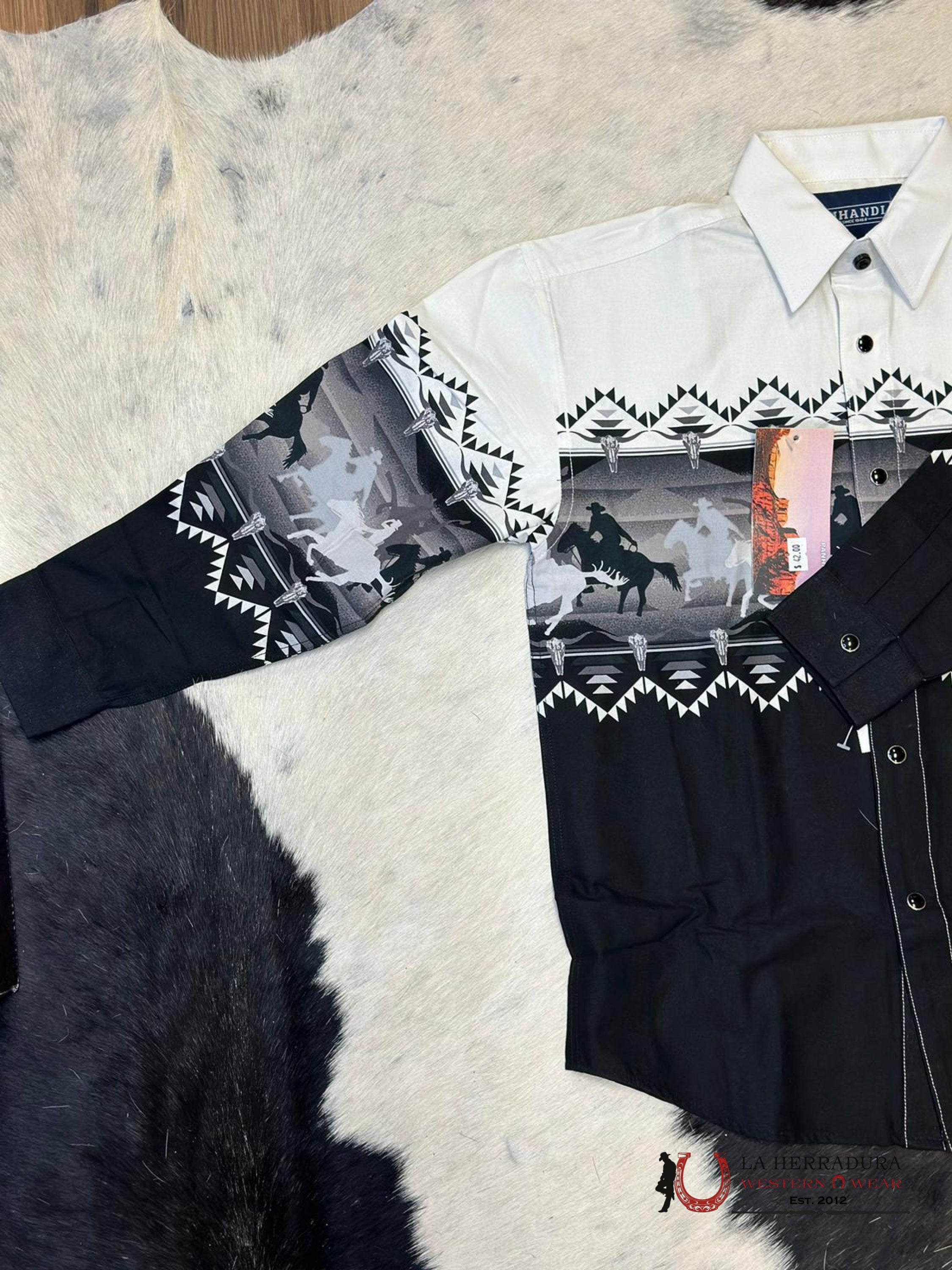 Panhandle Aztec Shirt Black/Grey Horse Pattern Niños