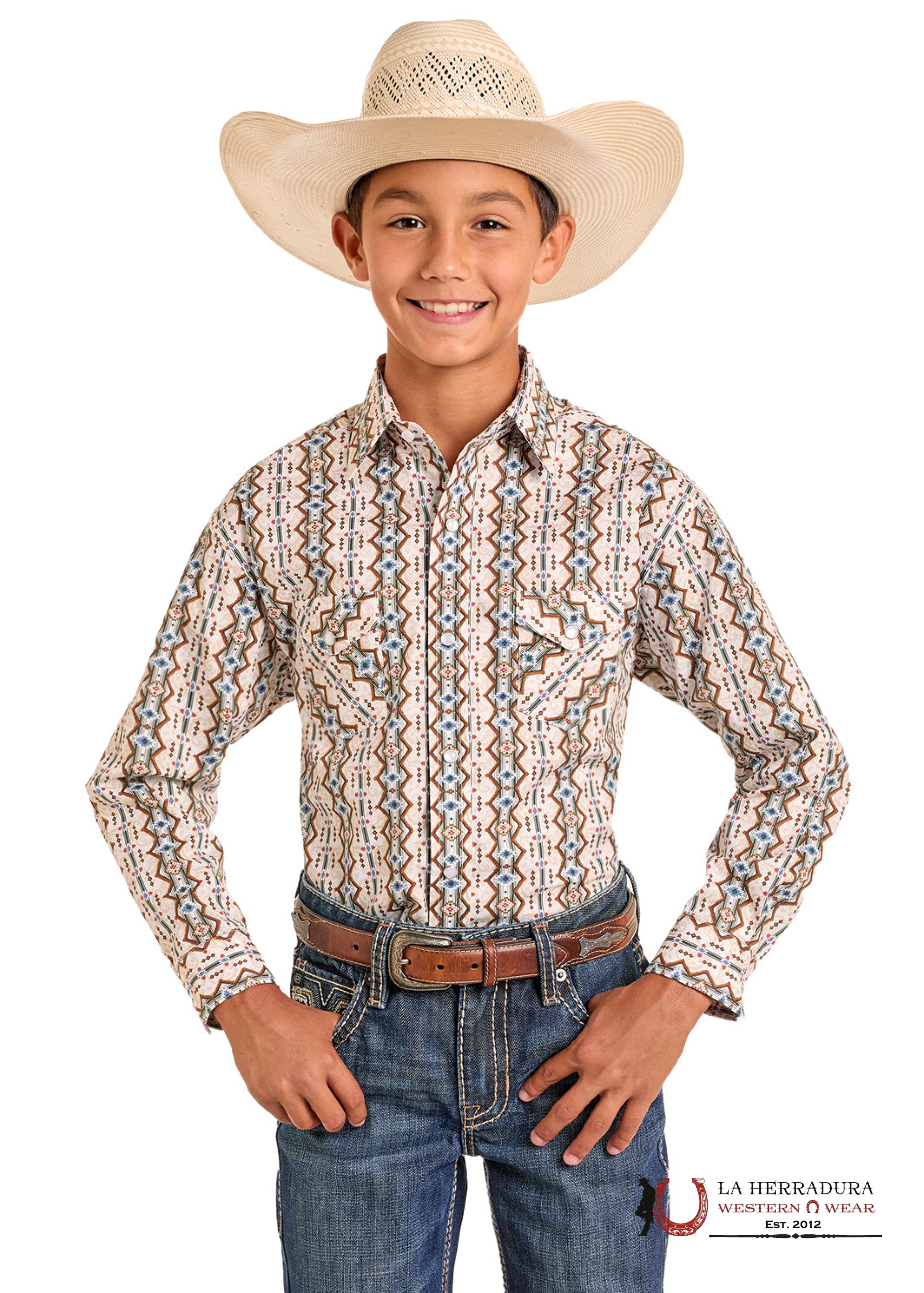 Panhandle Aztec Tan snap Long Sleeve Boys Shirt - RBN2S06535 NIÑOS