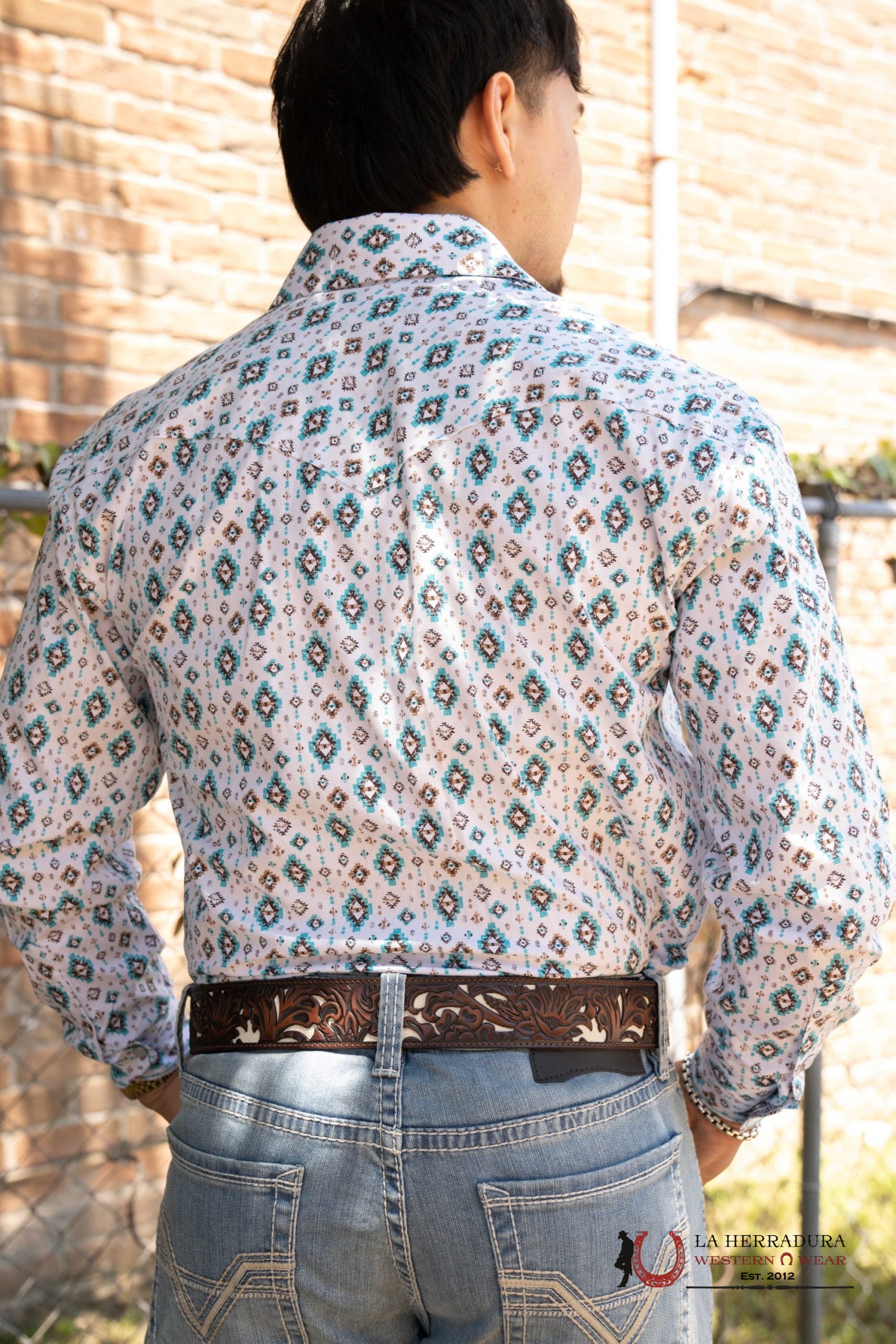 PANHANDLE AZTEC TURQUOISE MENS LONG SLEEVE SHIRT SNAP RMN2S05682 ROPA HOMBRES
