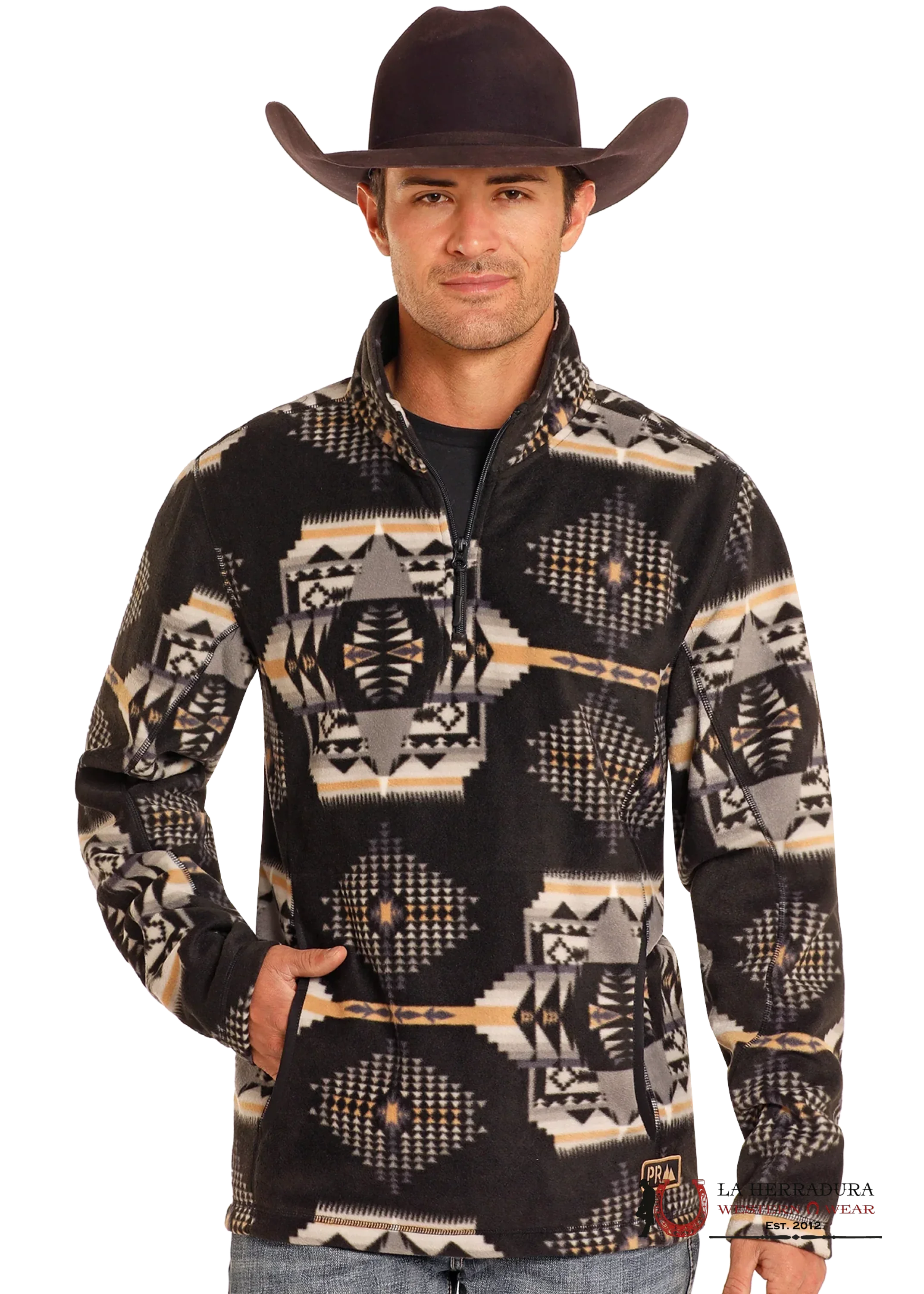 Panhandle Black Aztec Printed Fleece Pullover Ropa Hombres