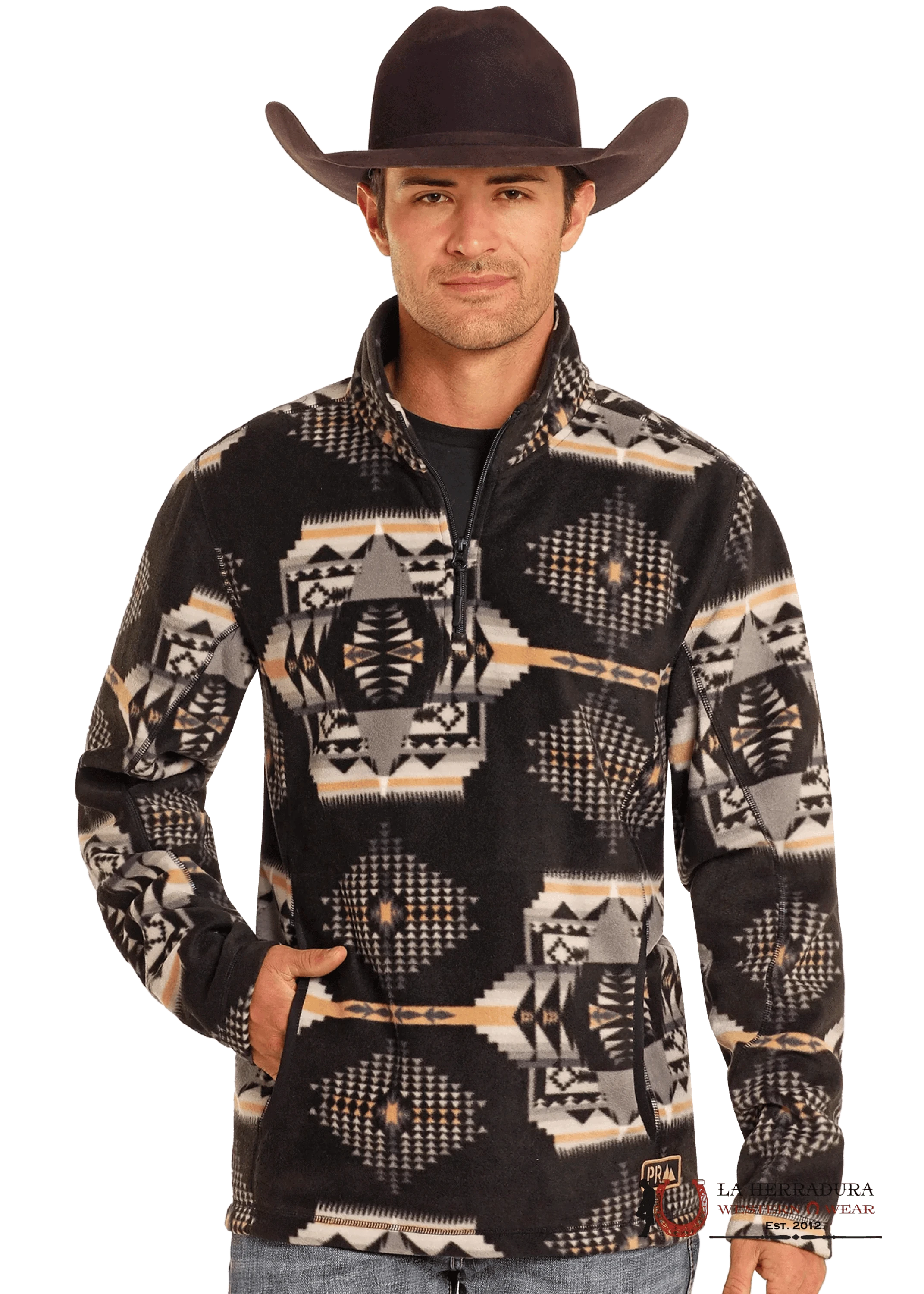 Panhandle Black Aztec Printed Fleece Pullover Ropa Hombres