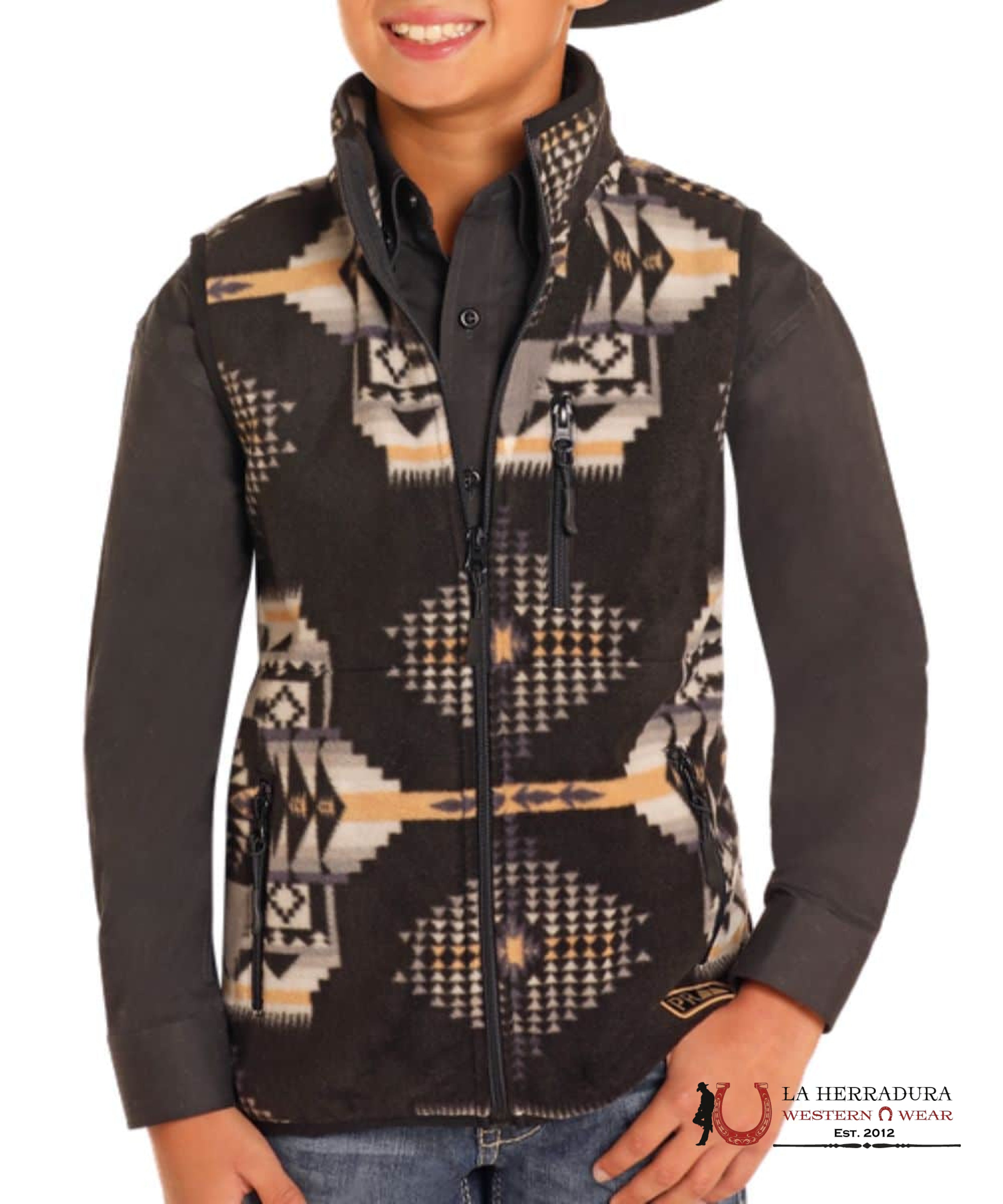 Panhandle Black Aztec Printed Fleece Vest Niños