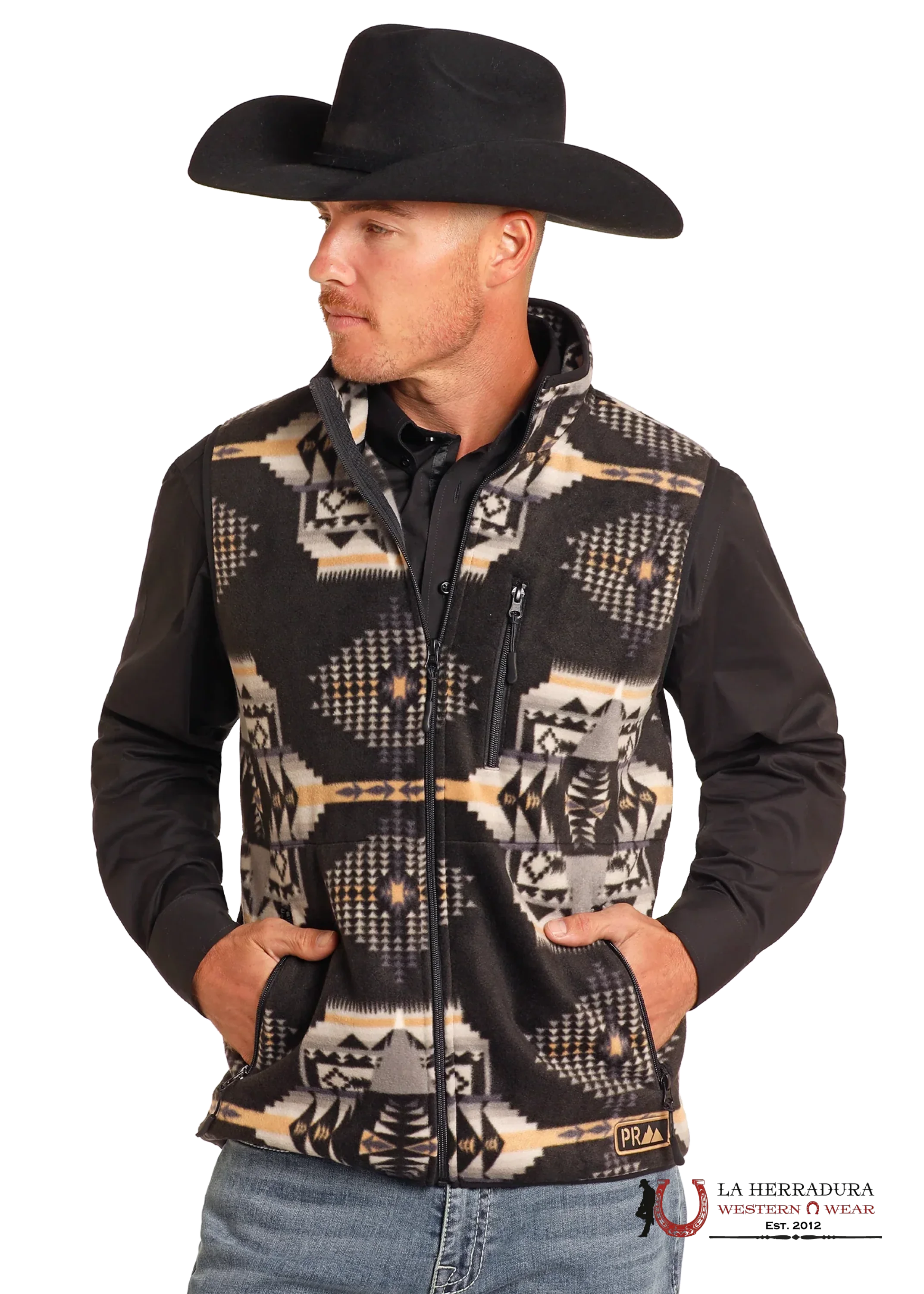 Panhandle Black Aztec Printed Fleece Vest Ropa Hombres