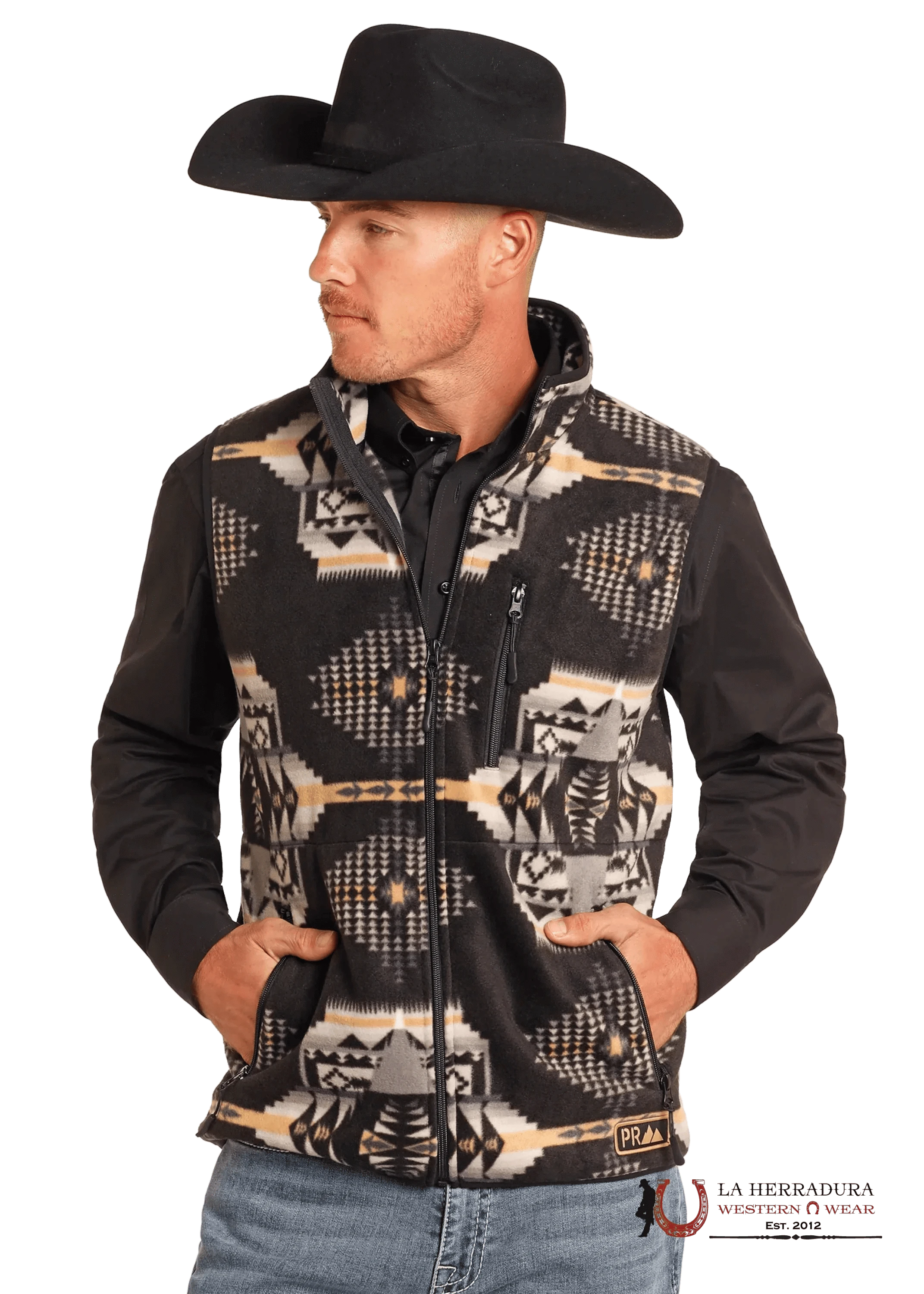 Panhandle Black Aztec Printed Fleece Vest Ropa Hombres