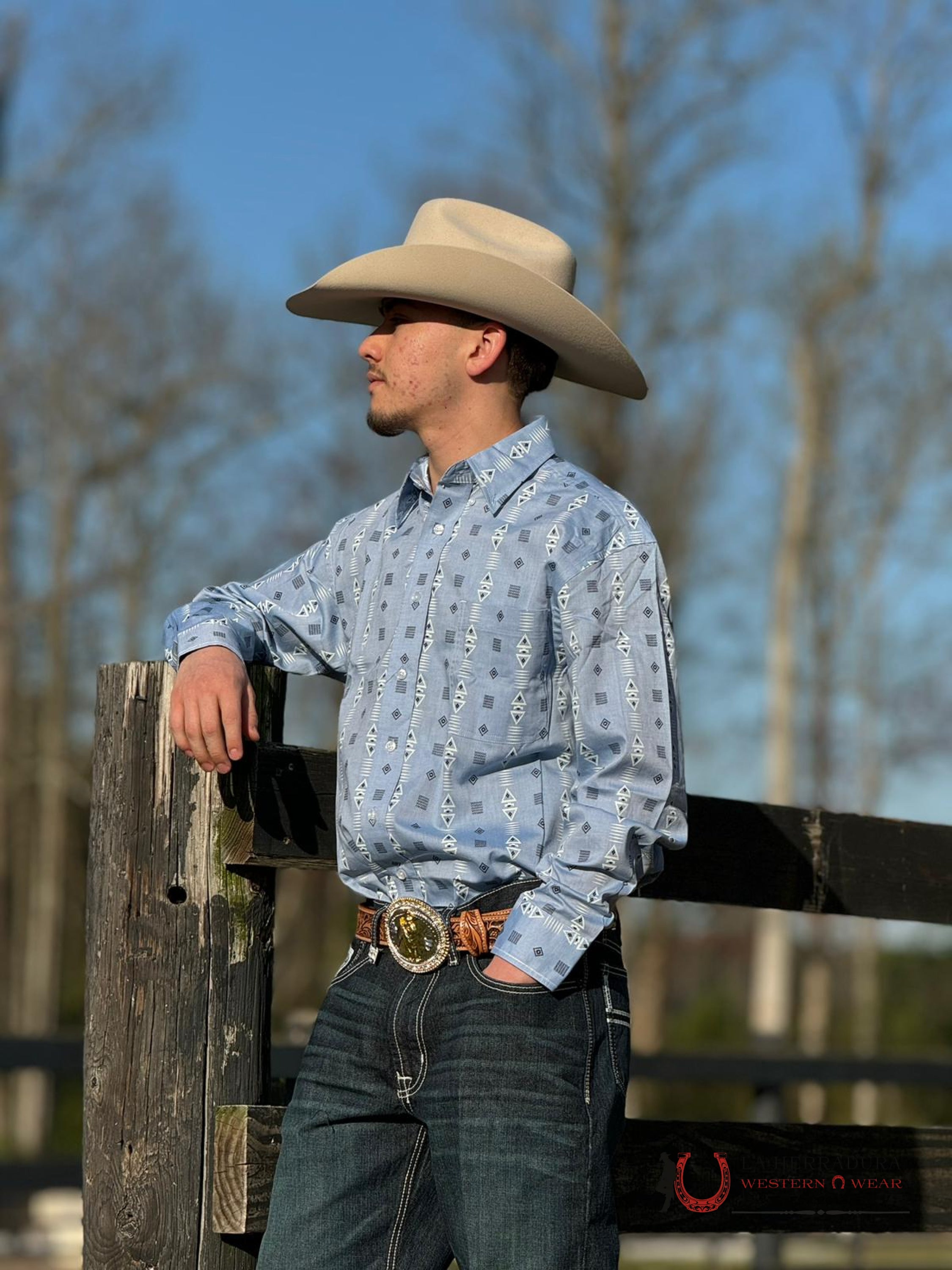 Panhandle Blue Aztec Button Long Sleeve Shirt Ropa Hombres