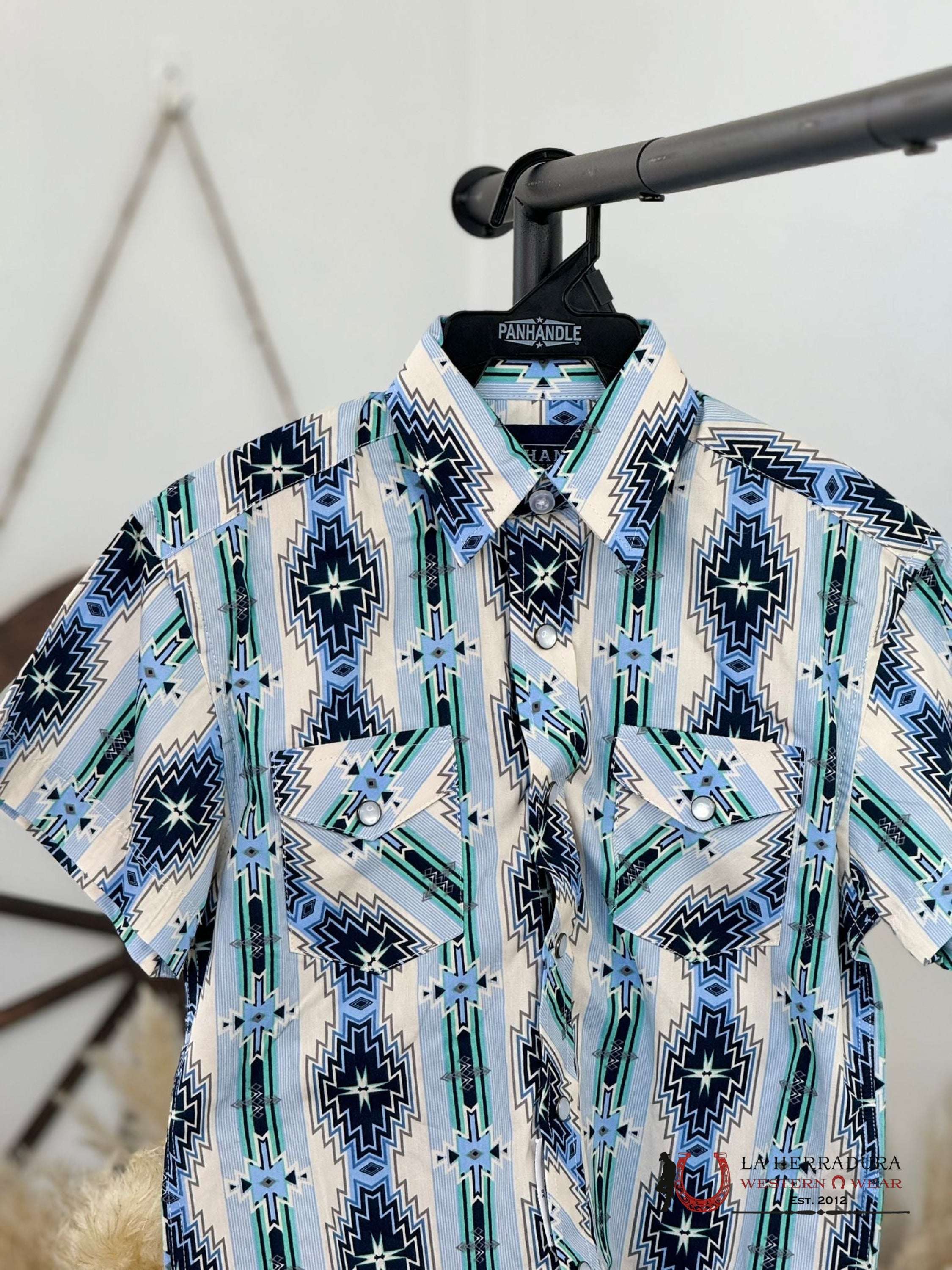 Panhandle Boys Baby Blue Aztec Snap Short Sleeve Shirt Niños