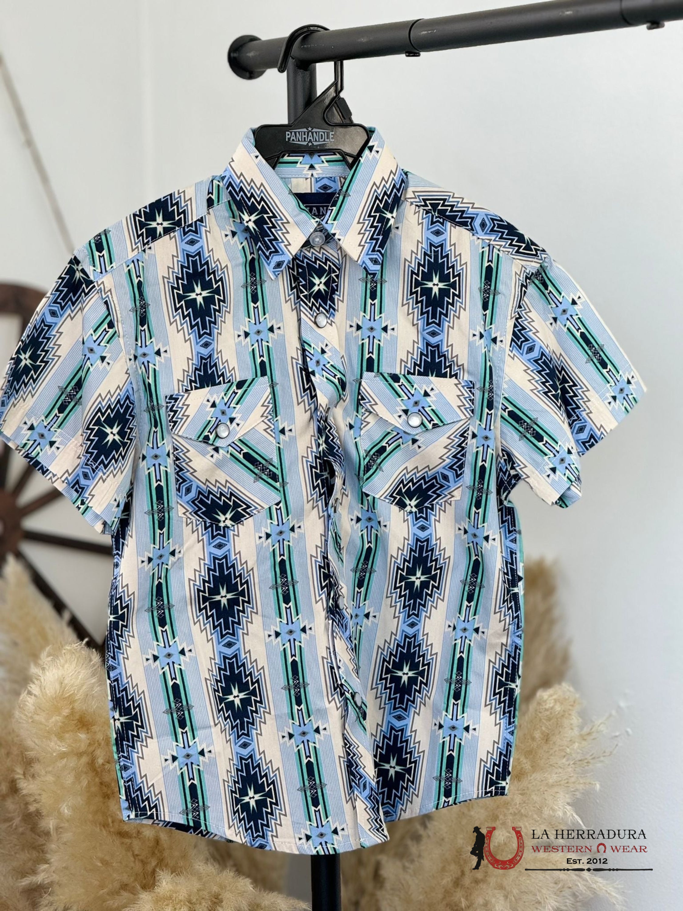 Panhandle Boys Baby Blue Aztec Snap Short Sleeve Shirt Niños
