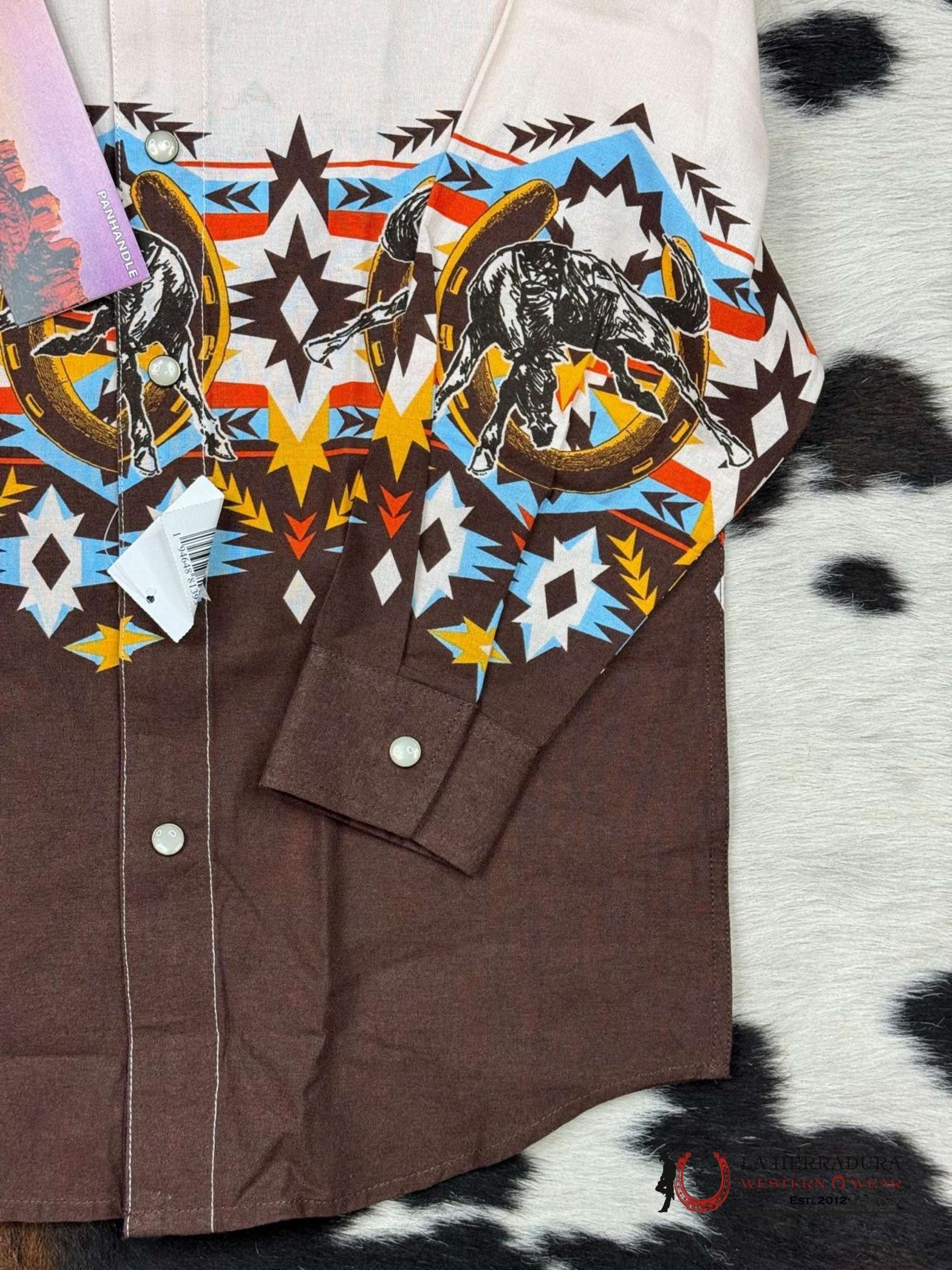 Panhandle Boys Natural Aztec Western Boarder Long Sleeve Snap Niños