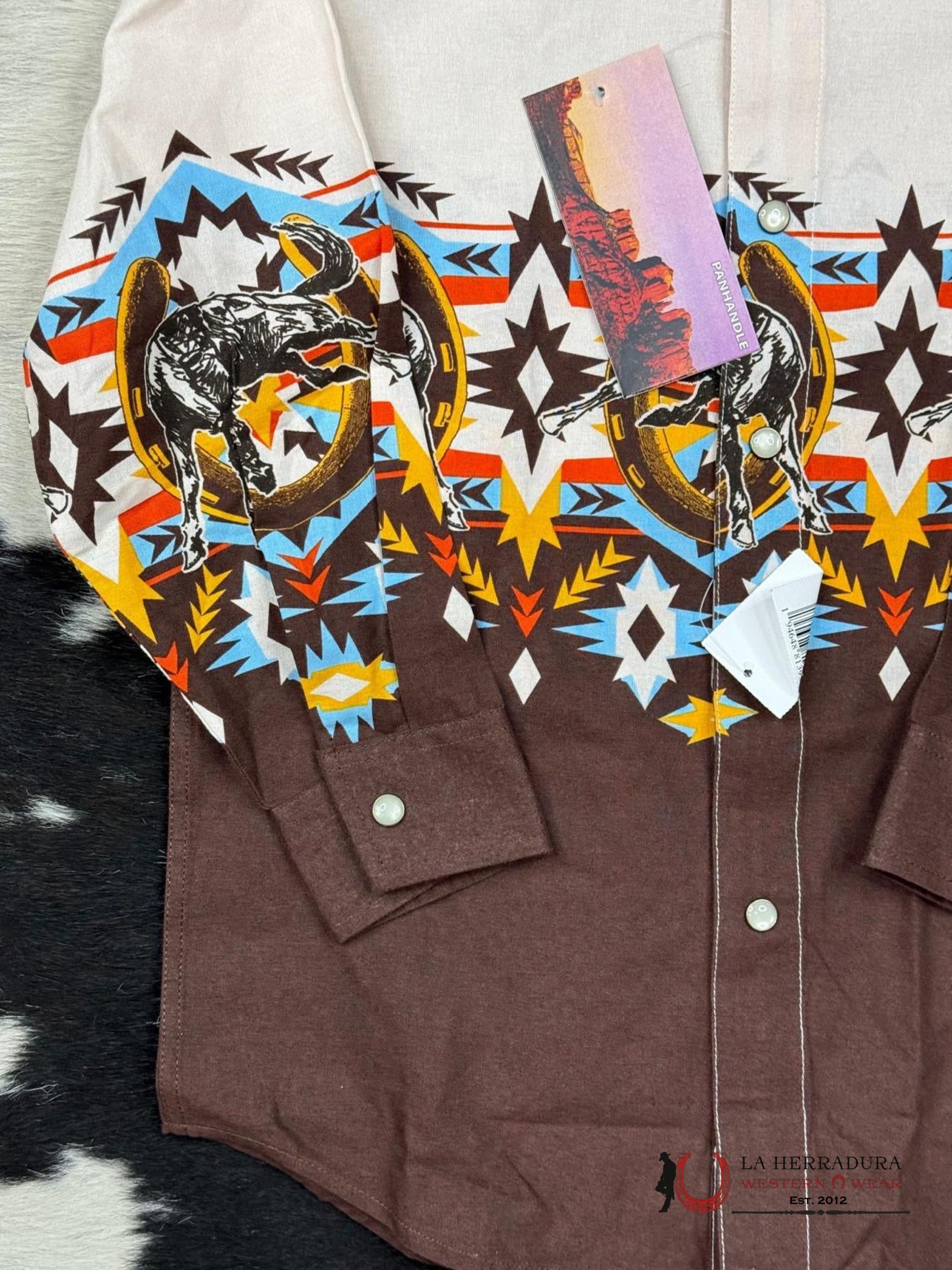 Panhandle Boys Natural Aztec Western Boarder Long Sleeve Snap Niños