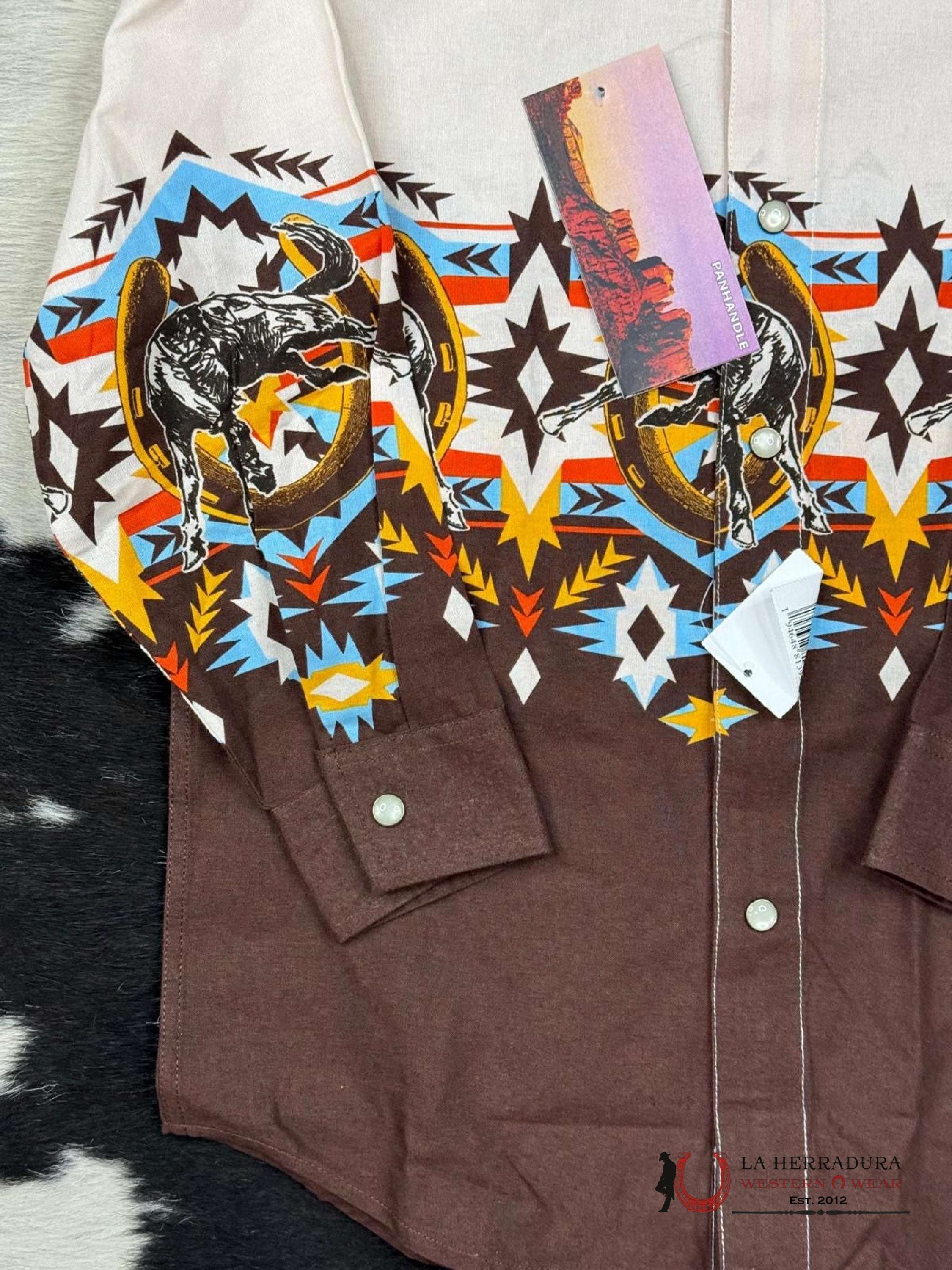 Panhandle Boys Natural Aztec Western Boarder Long Sleeve Snap Niños