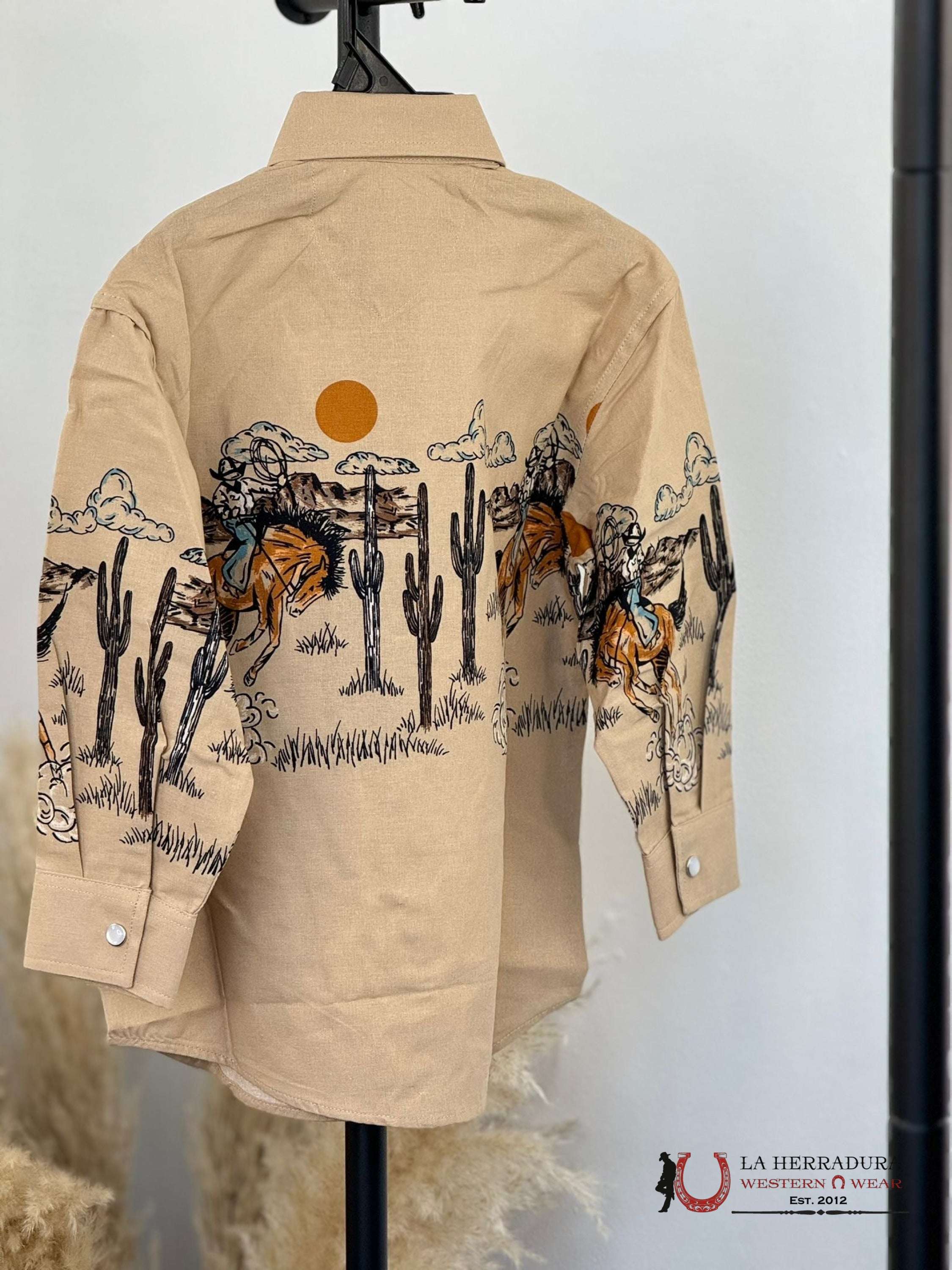 Panhandle Boys Tan Bronc Border Long Sleeve Shirt Niños