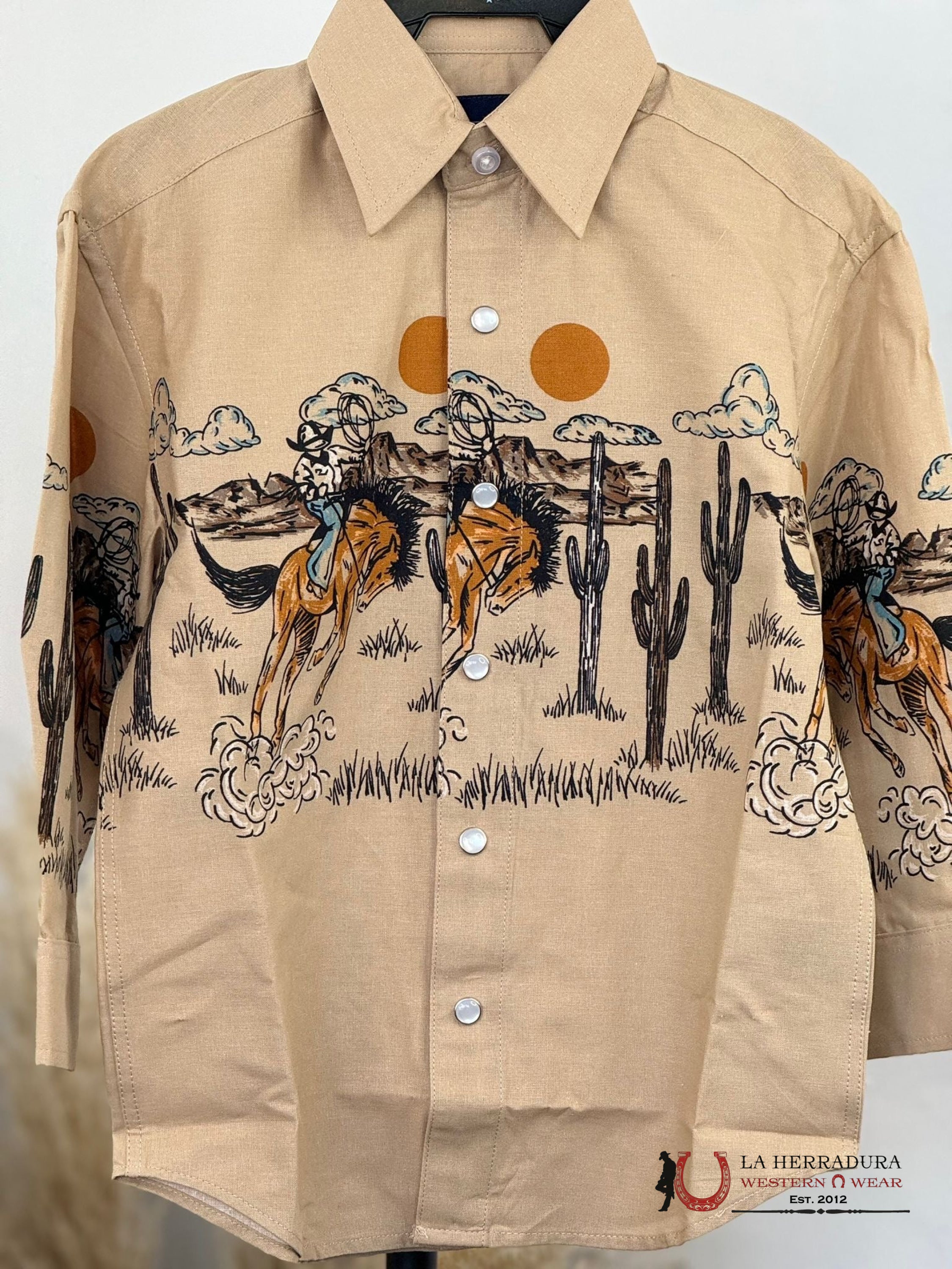 Panhandle Boys Tan Bronc Border Long Sleeve Shirt Niños
