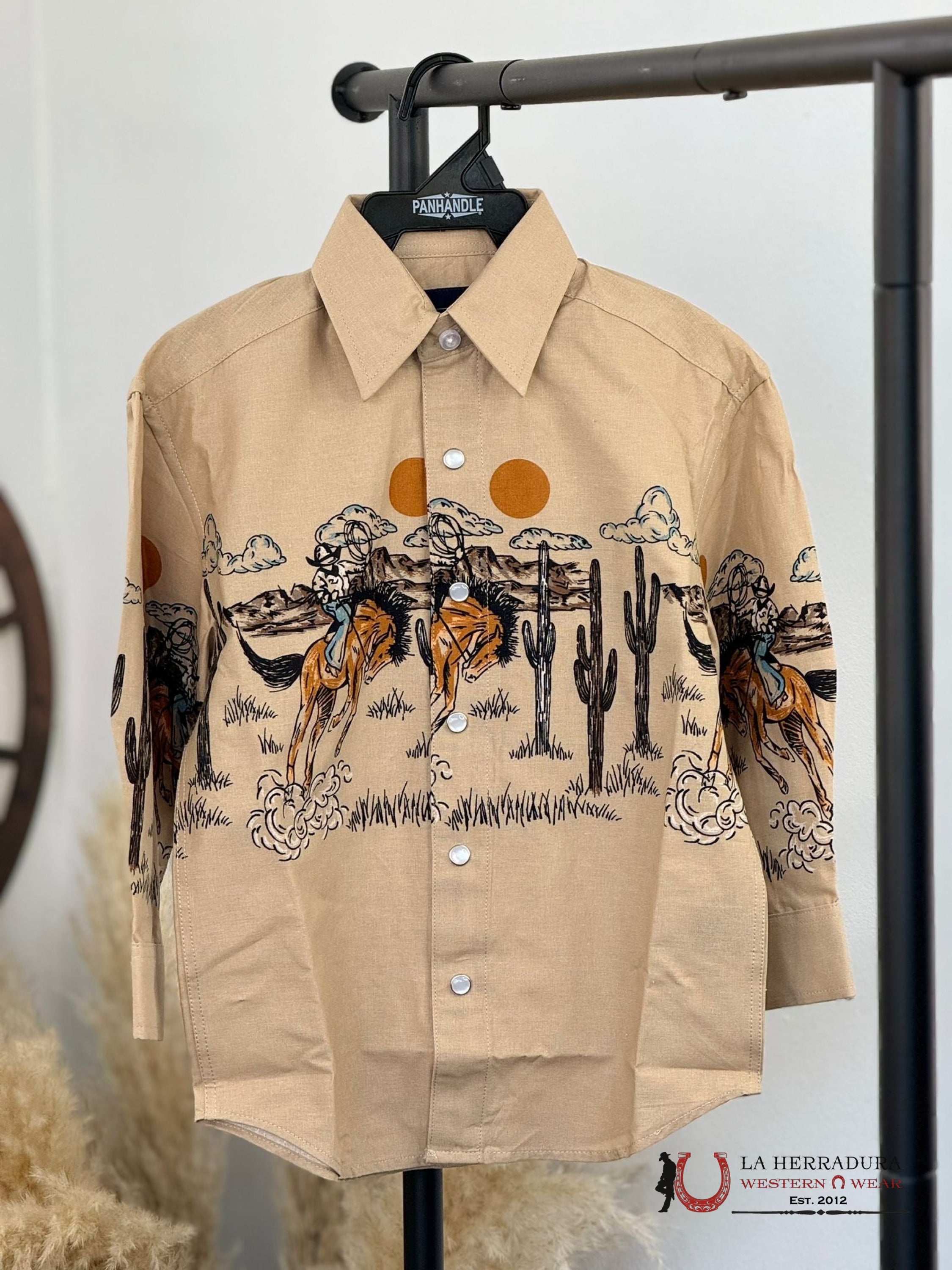Panhandle Boys Tan Bronc Border Long Sleeve Shirt Niños