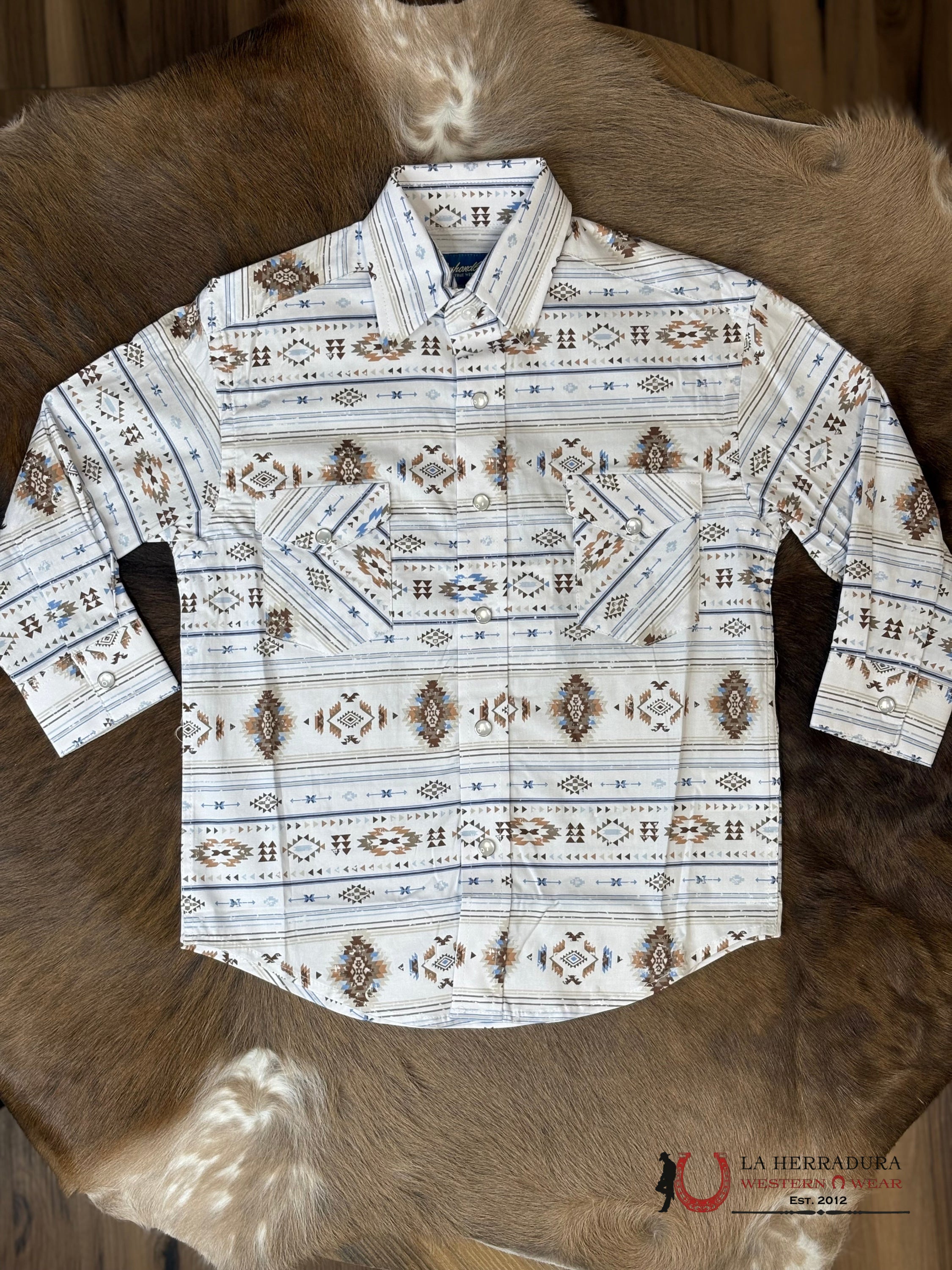 PANHANDLE BOYS White Taupe Short Sleeve With Western Print NIÑOS