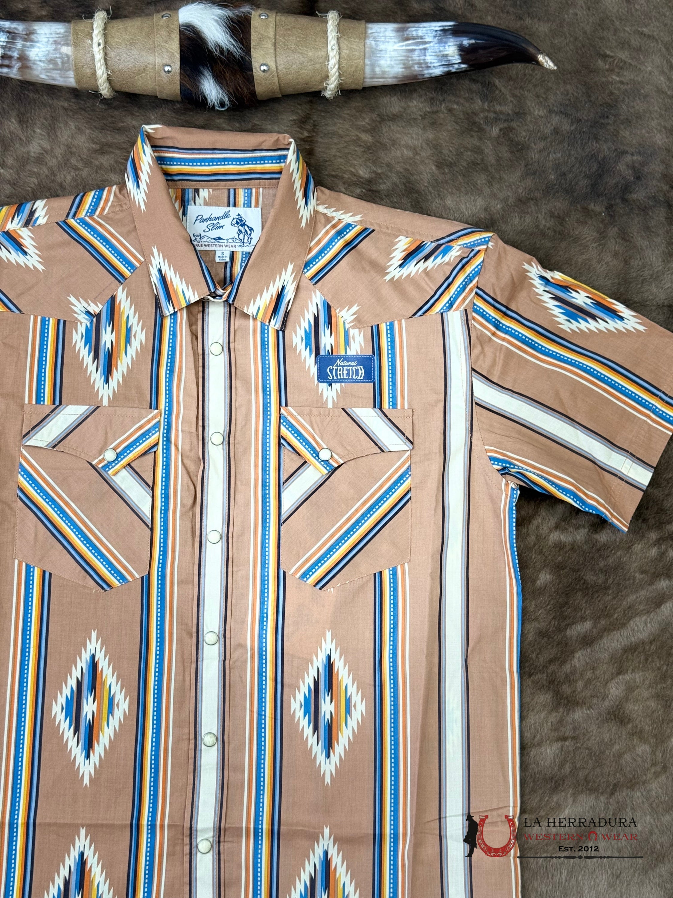 Panhandle Camel Short Sleeve With Multi Color Aztec Print Shirt - 6578 ROPA HOMBRES