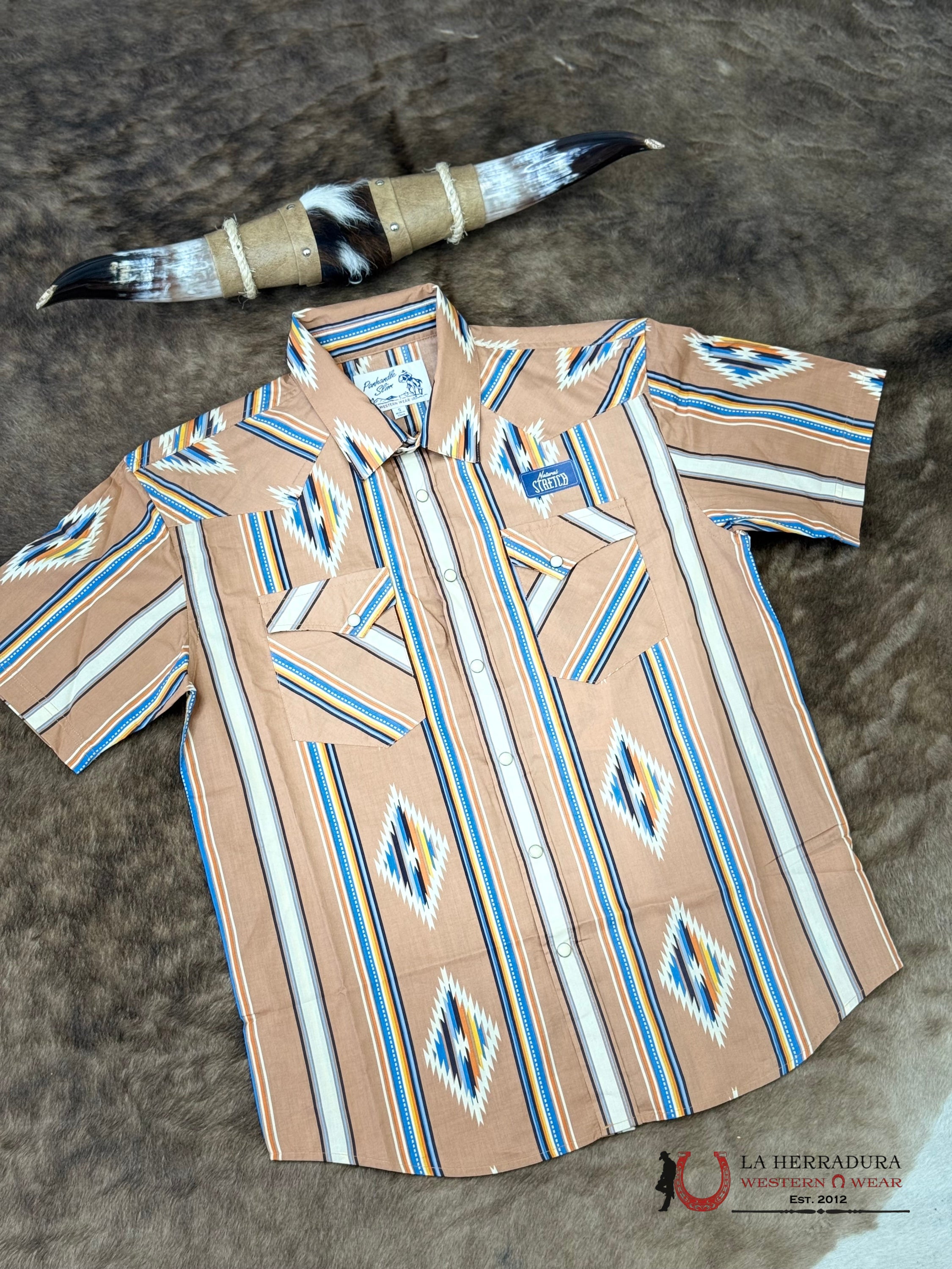 Panhandle Camel Short Sleeve With Multi Color Aztec Print Shirt - 6578 ROPA HOMBRES