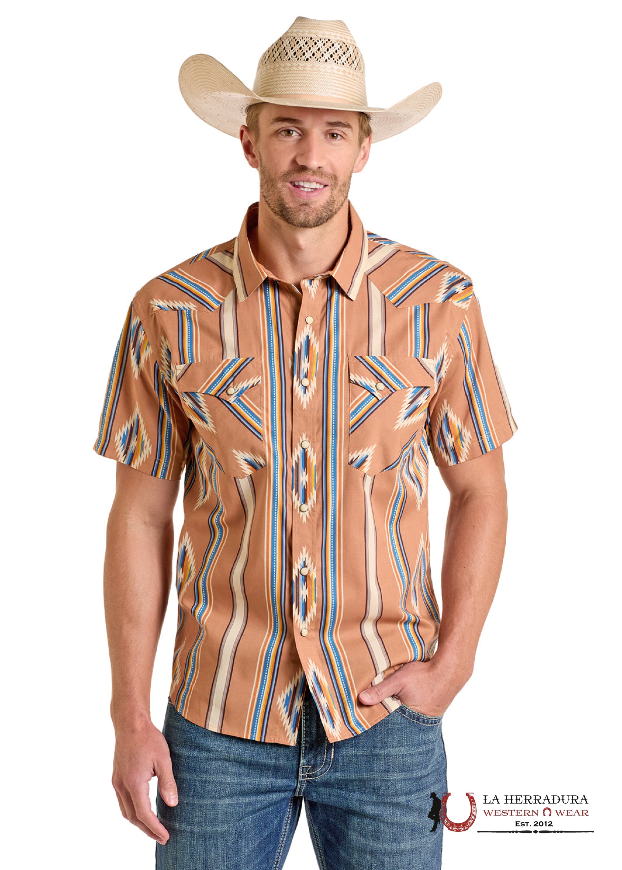 Panhandle Camel Short Sleeve With Multi Color Aztec Print Shirt - 6578 ROPA HOMBRES