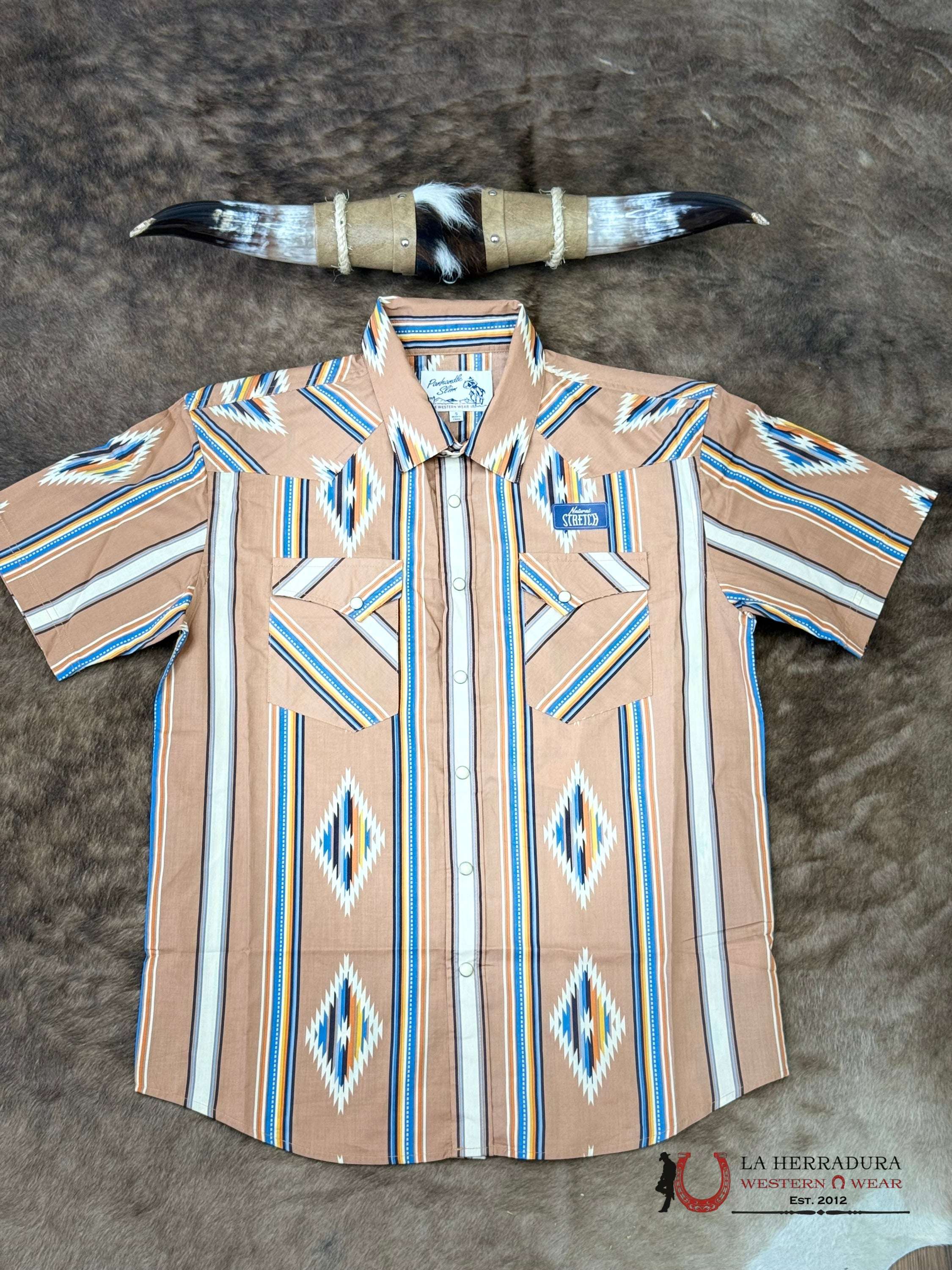 Panhandle Camel Short Sleeve With Multi Color Aztec Print Shirt - 6578 ROPA HOMBRES