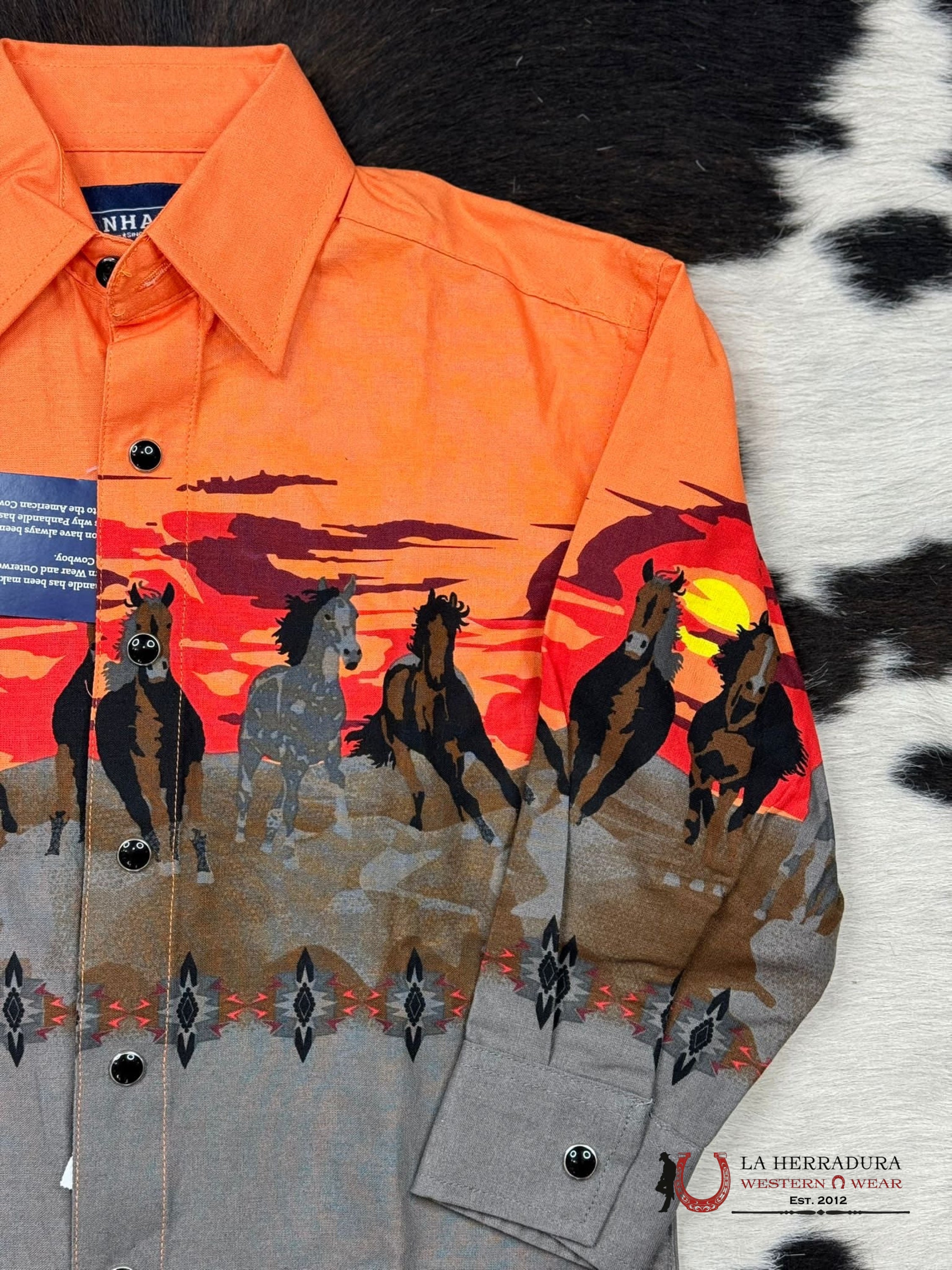 Panhandle Charcoal Long Sleeve Western Horse Boarders Snap Niños