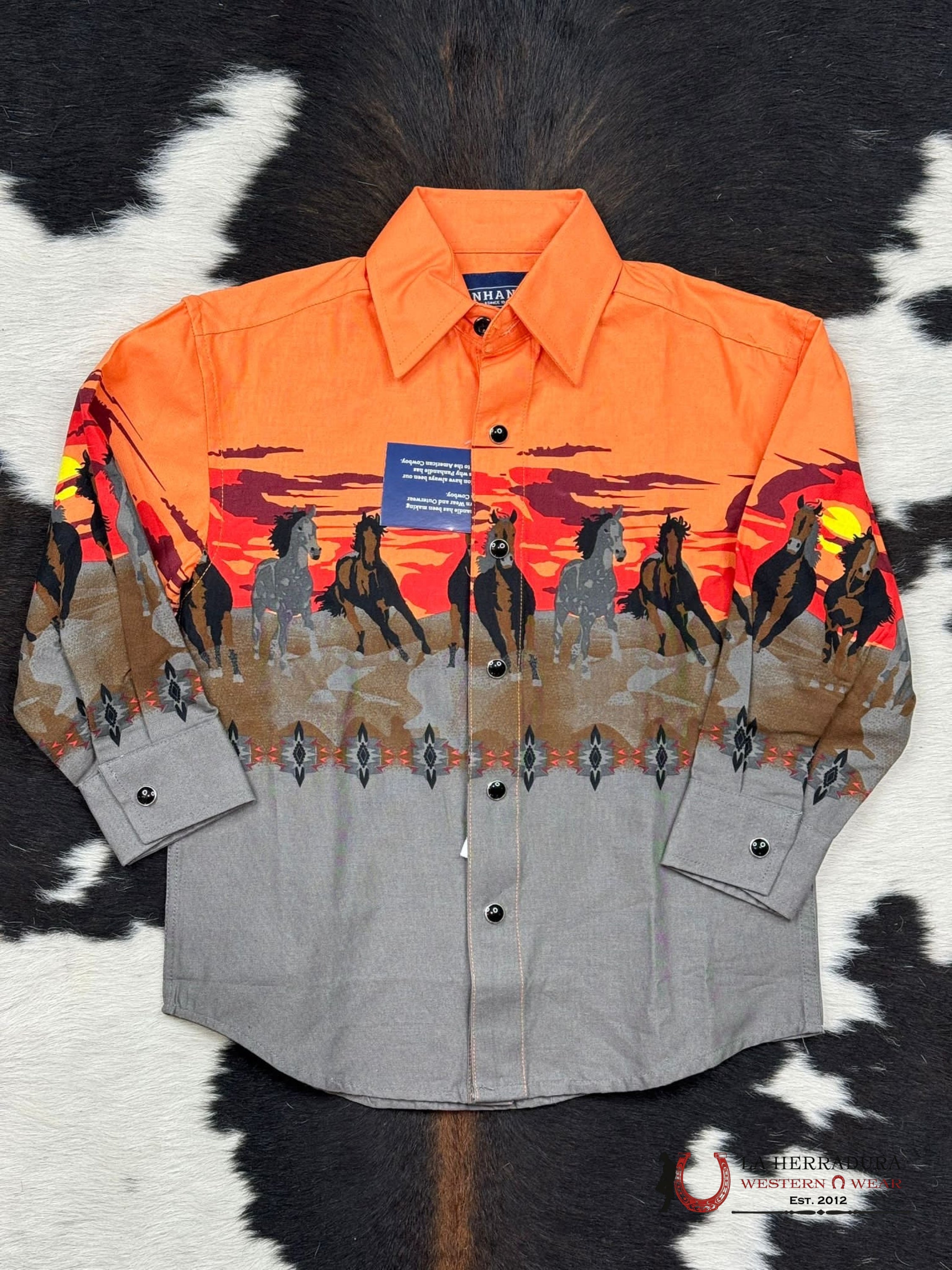Panhandle Charcoal Long Sleeve Western Horse Boarders Snap Niños