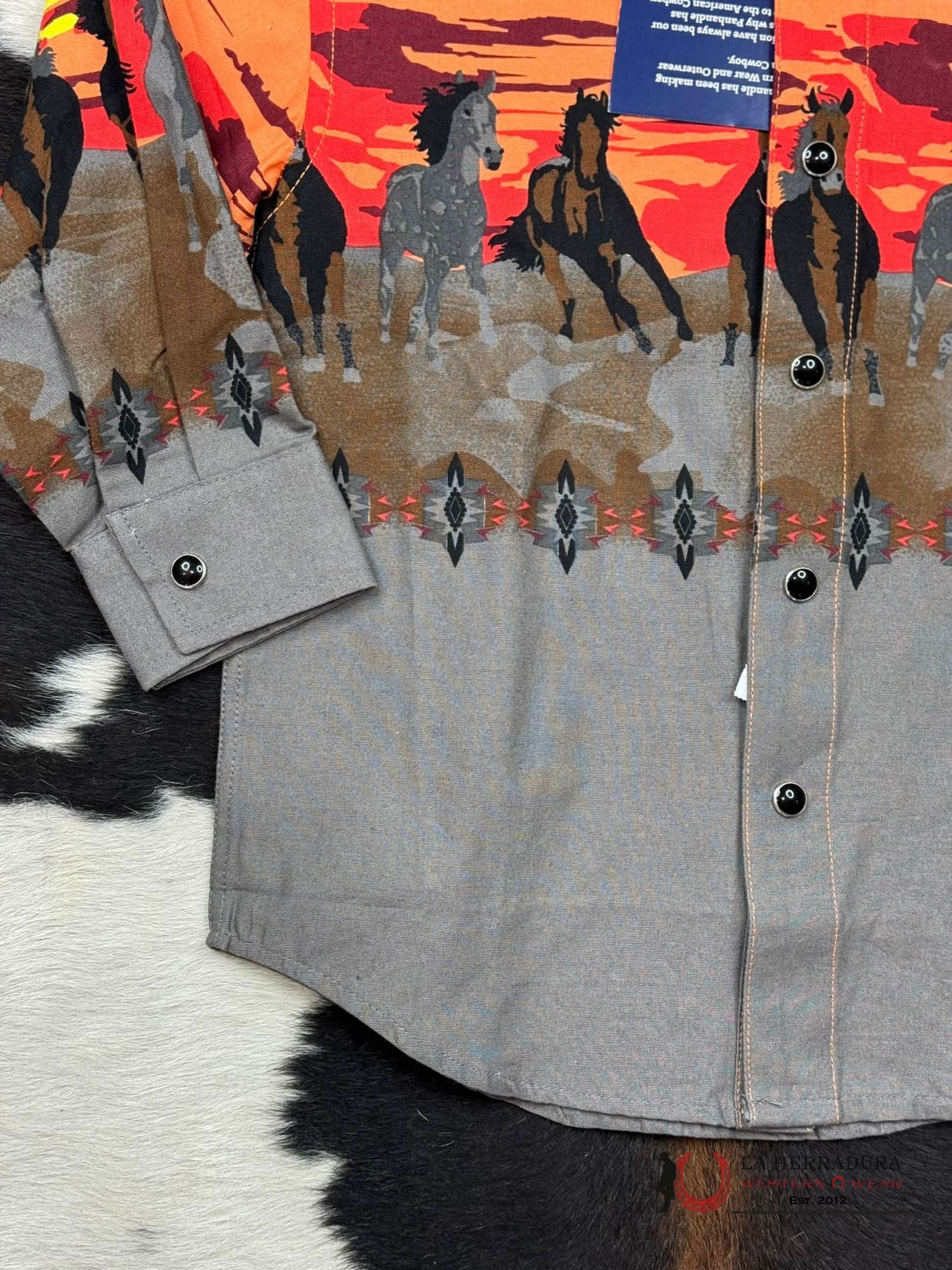 Panhandle Charcoal Long Sleeve Western Horse Boarders Snap Niños