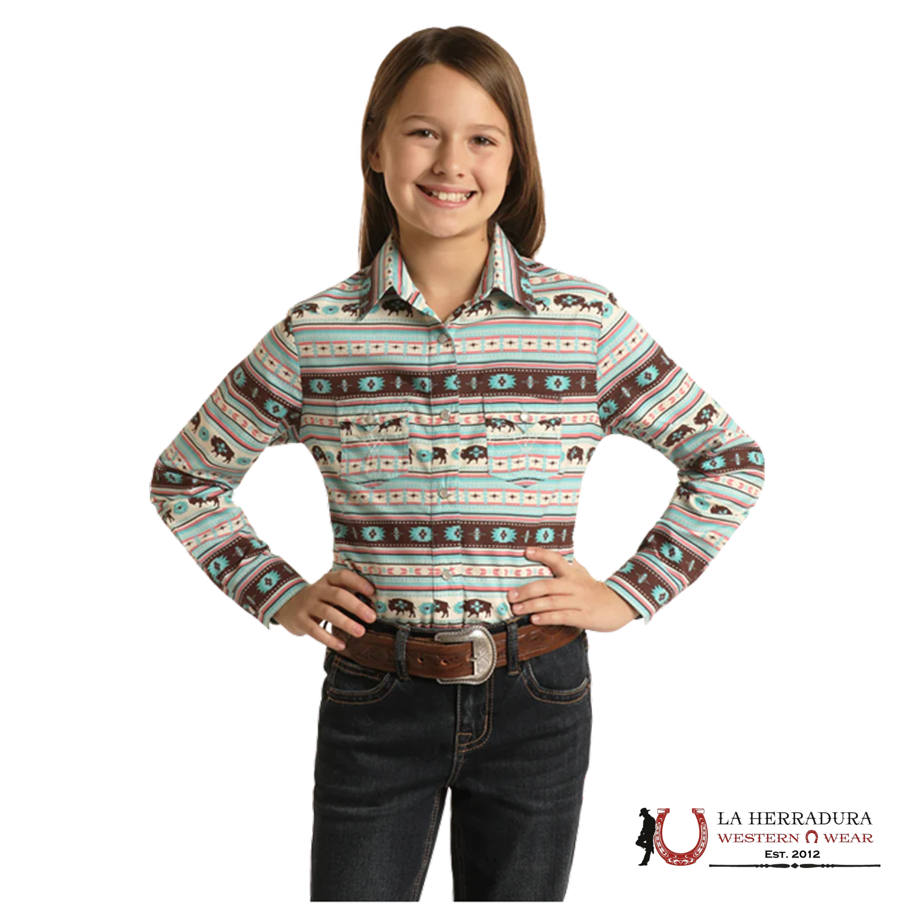 PANHANDLE GIRLS BUFFALO SNAP SHIRT AQUAMARINE LGN2S02578 NIÑAS
