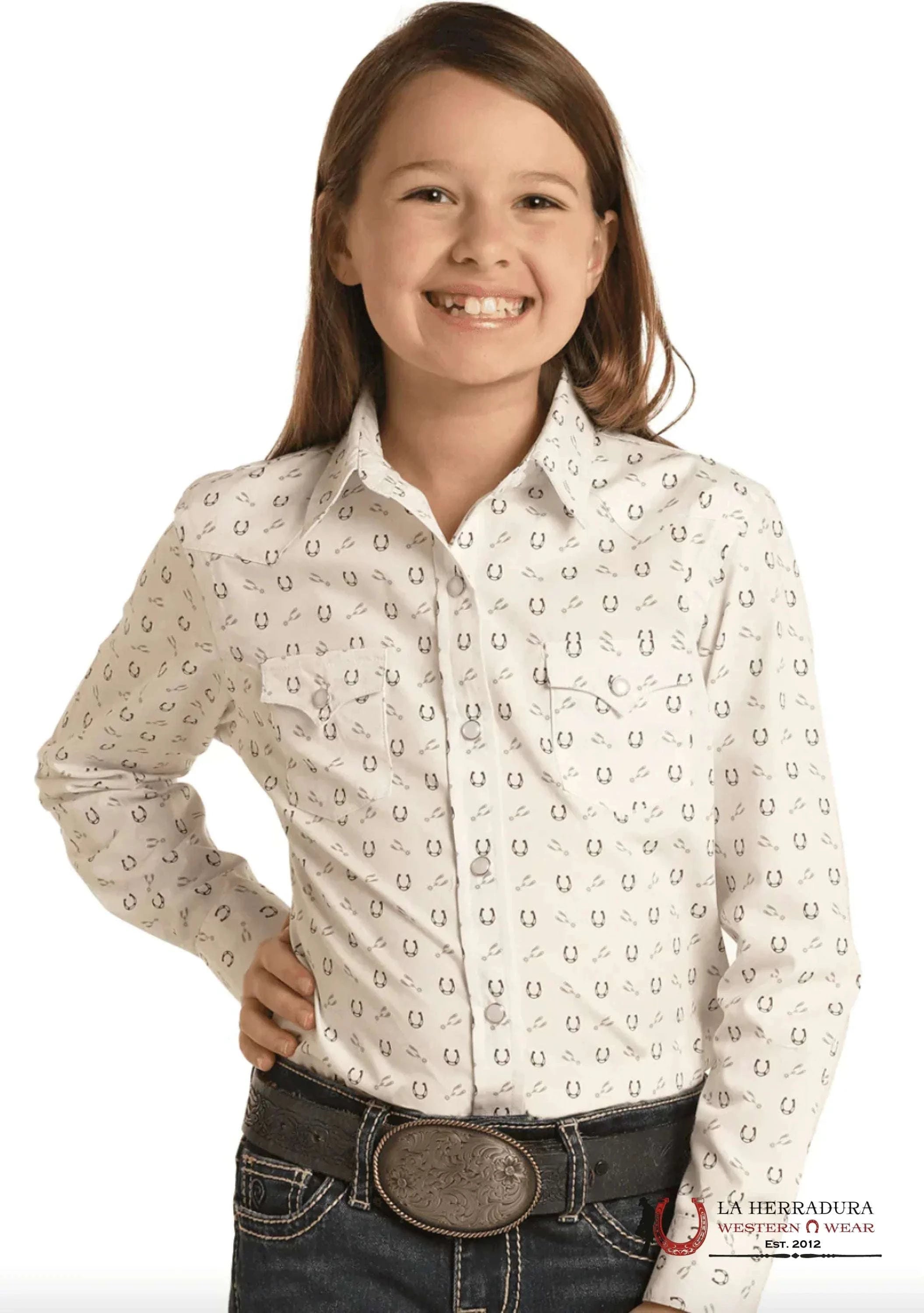 Panhandle Girl’s Taupe Long Sleeve Horseshoe Print Pearl Snap Western Shirt RSGSOSR0EQ NIÑAS