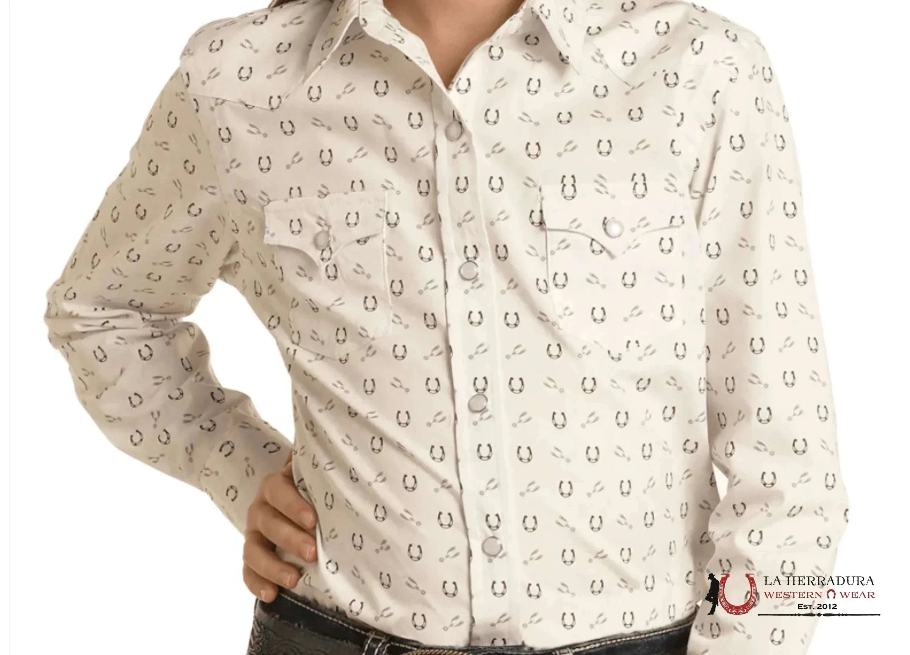 Panhandle Girl’s Taupe Long Sleeve Horseshoe Print Pearl Snap Western Shirt RSGSOSR0EQ NIÑAS