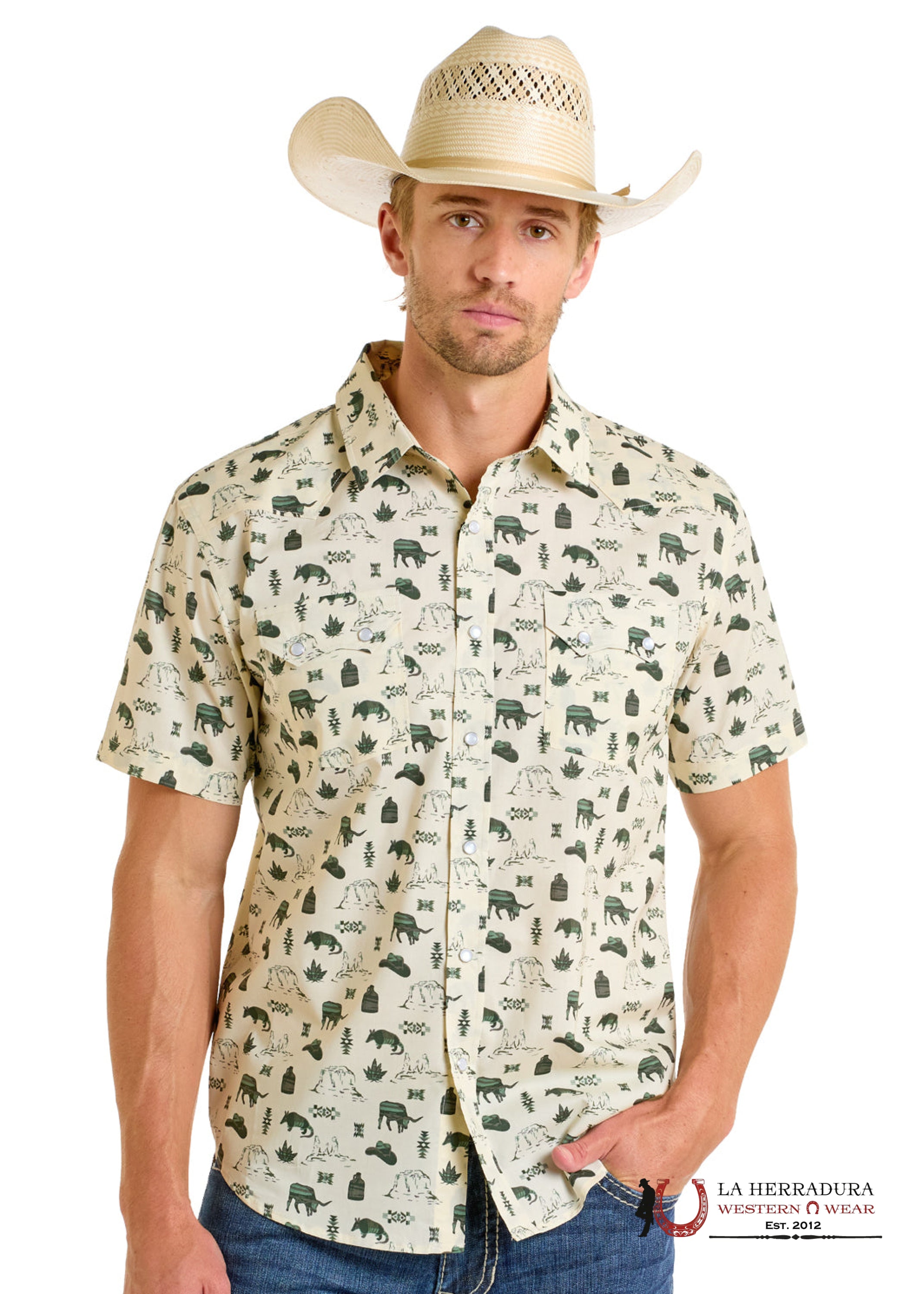 Panhandle Men’s Tan/Green Short Sleeve Shirt- PMN3S06575 ROPA HOMBRES