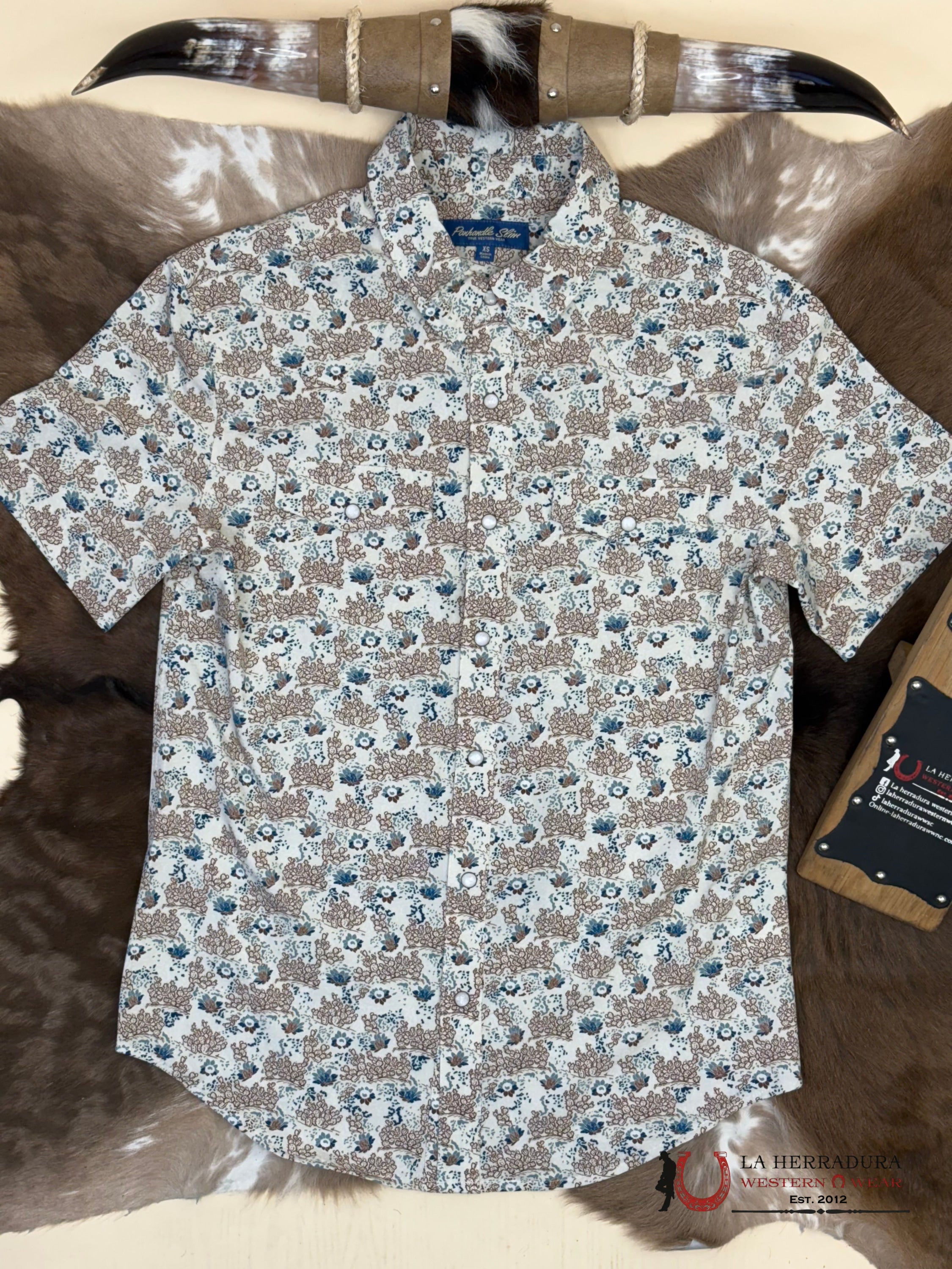 PANHANDLE NATURAL BEIGE WITH FLORAL BLUE PRINT SHORT SLEEVE SHIRT MEN - 5716 ROPA HOMBRES