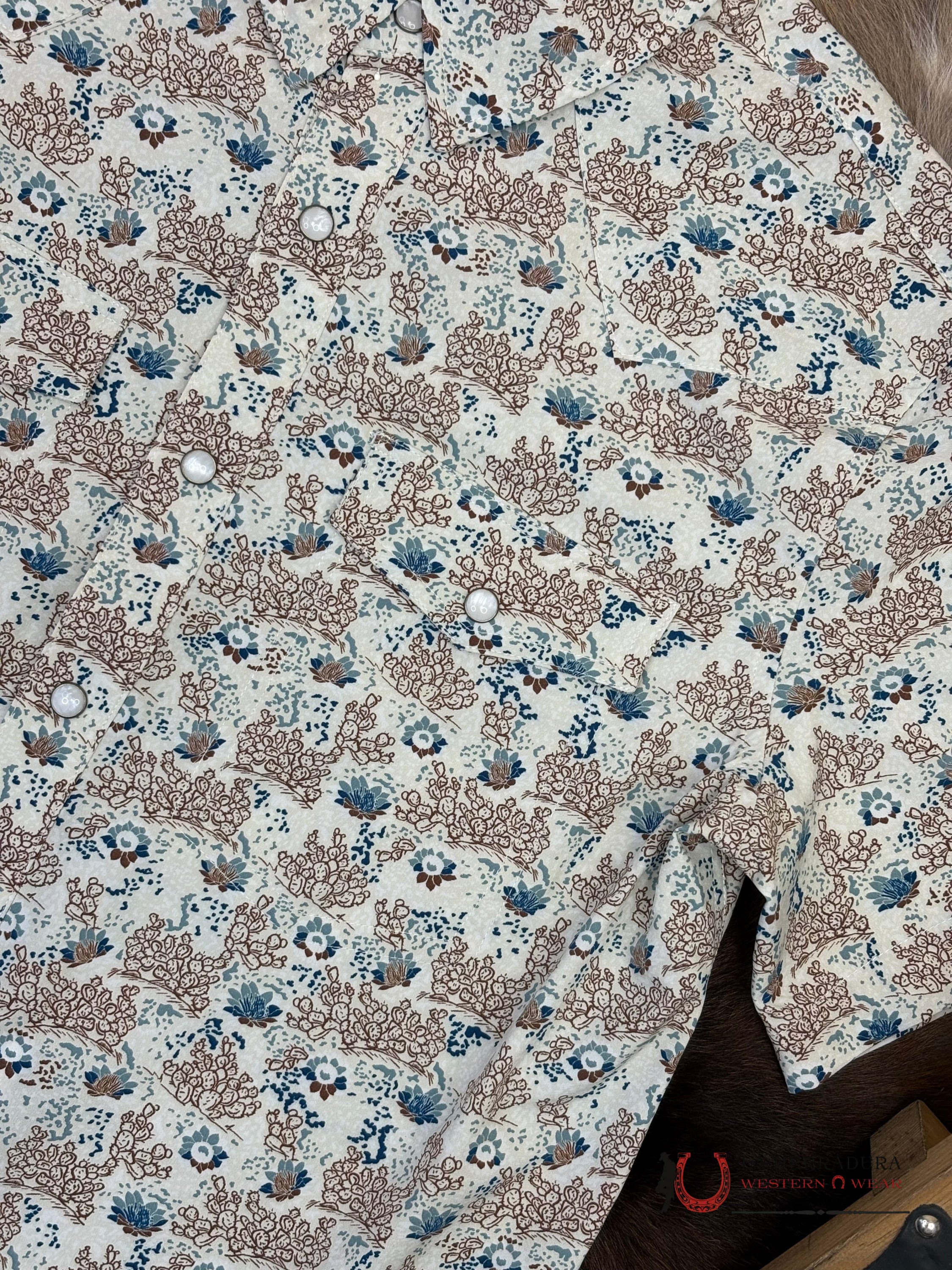 PANHANDLE NATURAL BEIGE WITH FLORAL BLUE PRINT SHORT SLEEVE SHIRT MEN - 5716 ROPA HOMBRES