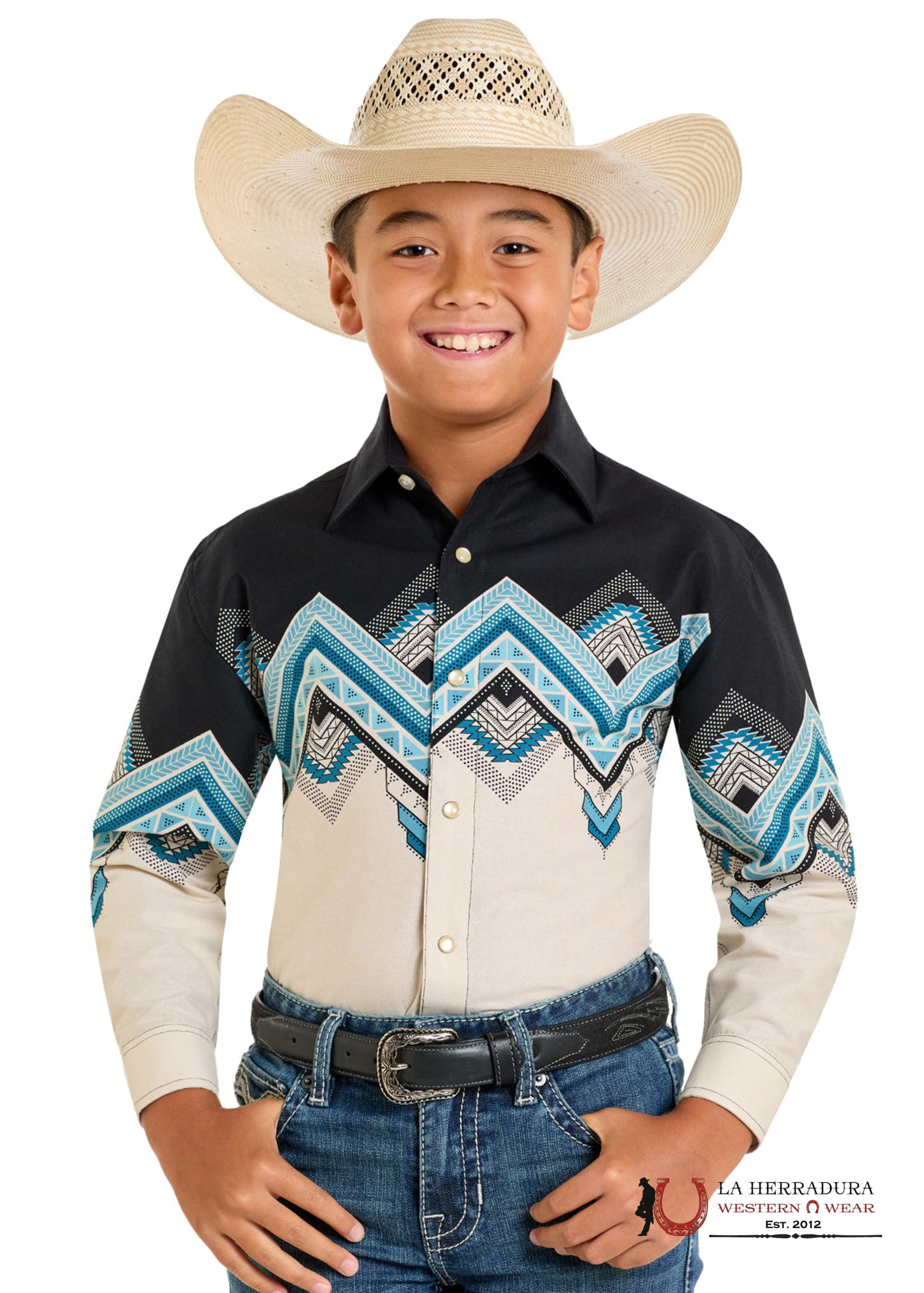 Panhandle Natural Southwestern Border With Aztec Print Long Sleeve Boys Shirt - 6641 NIÑOS
