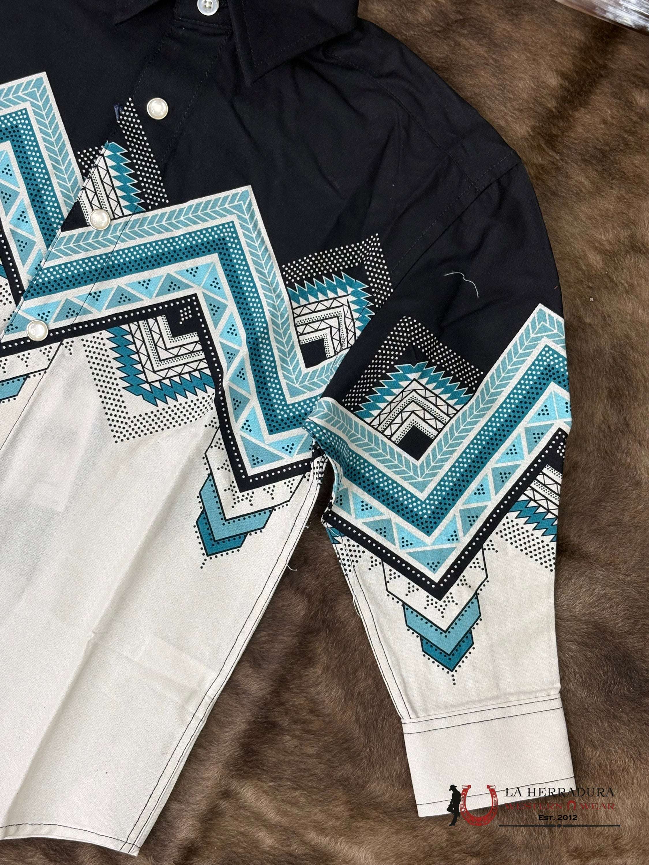 Panhandle Natural Southwestern Border With Aztec Print Long Sleeve Boys Shirt - 6641 NIÑOS