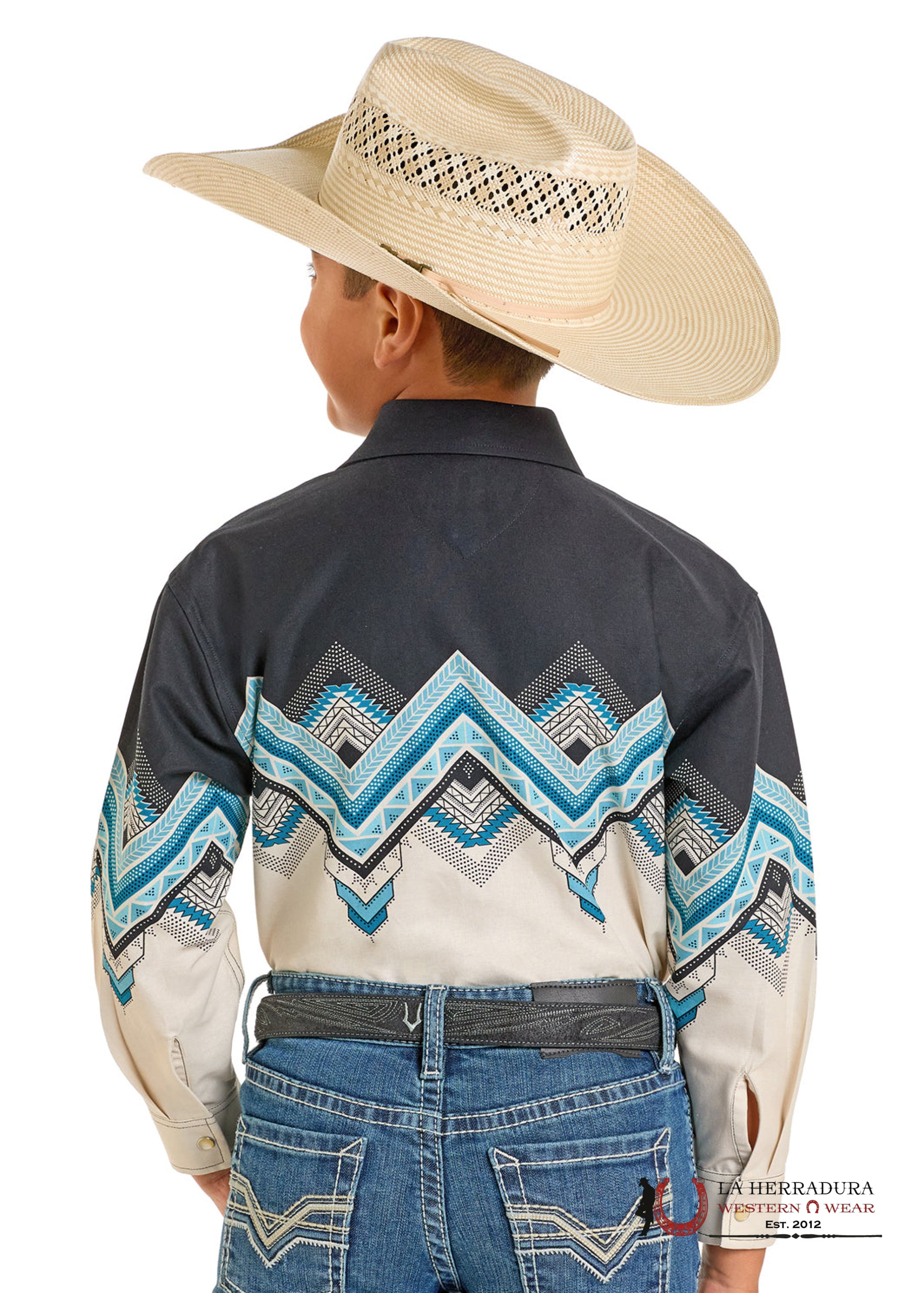Panhandle Natural Southwestern Border With Aztec Print Long Sleeve Boys Shirt - 6641 NIÑOS